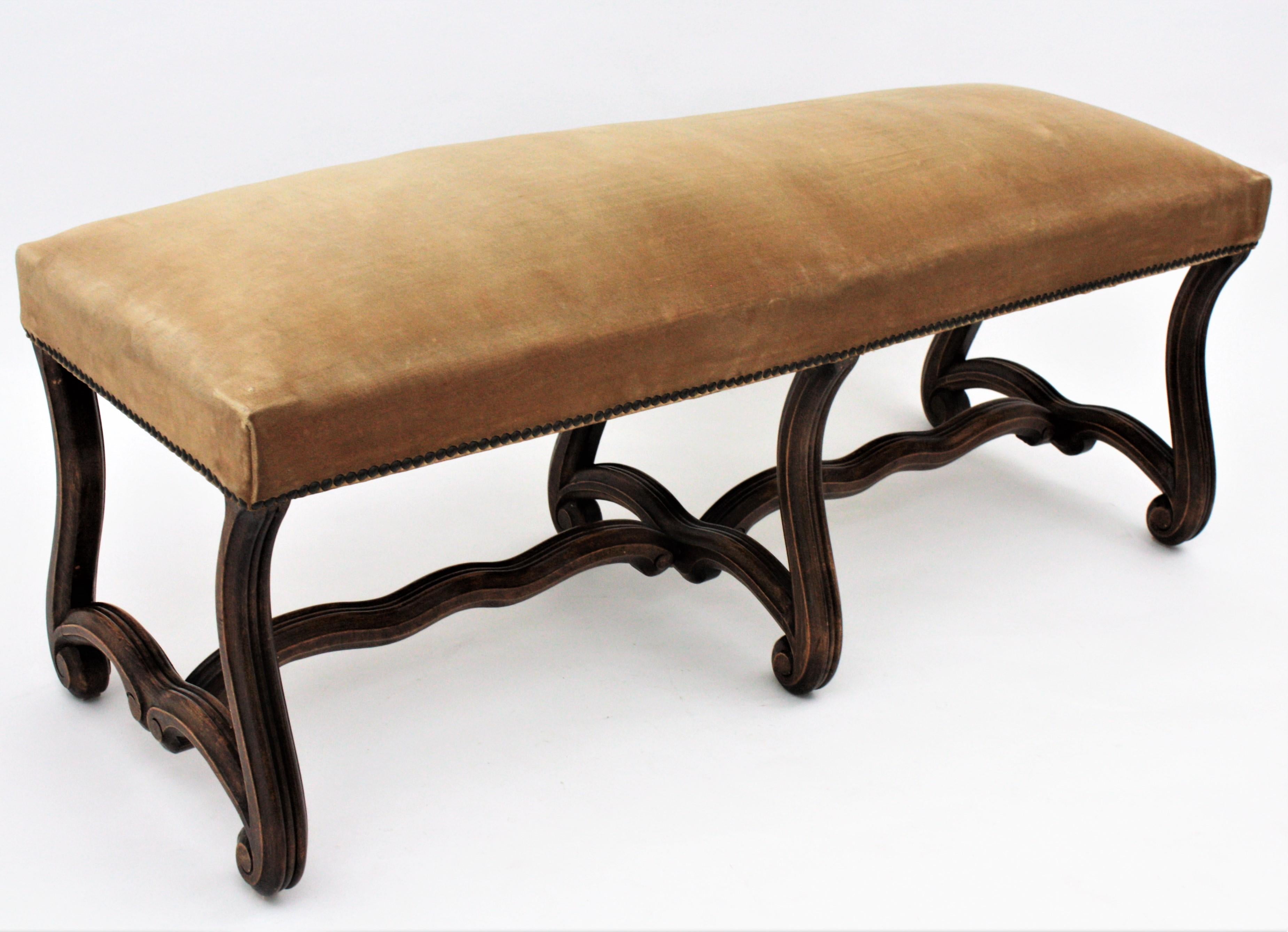 20th Century French 1930s Louis XIV Style Os de Mouton Legs Bench in Velvet Upholstery