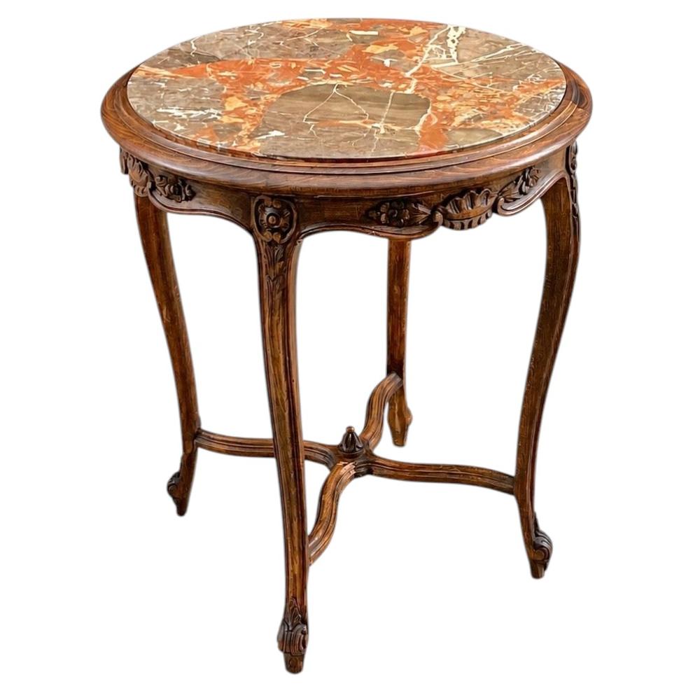 French 1930s Louis XV Style Table with Marble Too & Carved Decorations