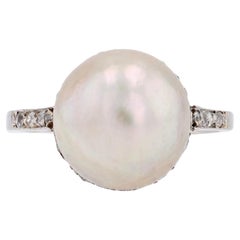French 1930s Mabe Pearl Diamonds Platinum Art Deco Ring