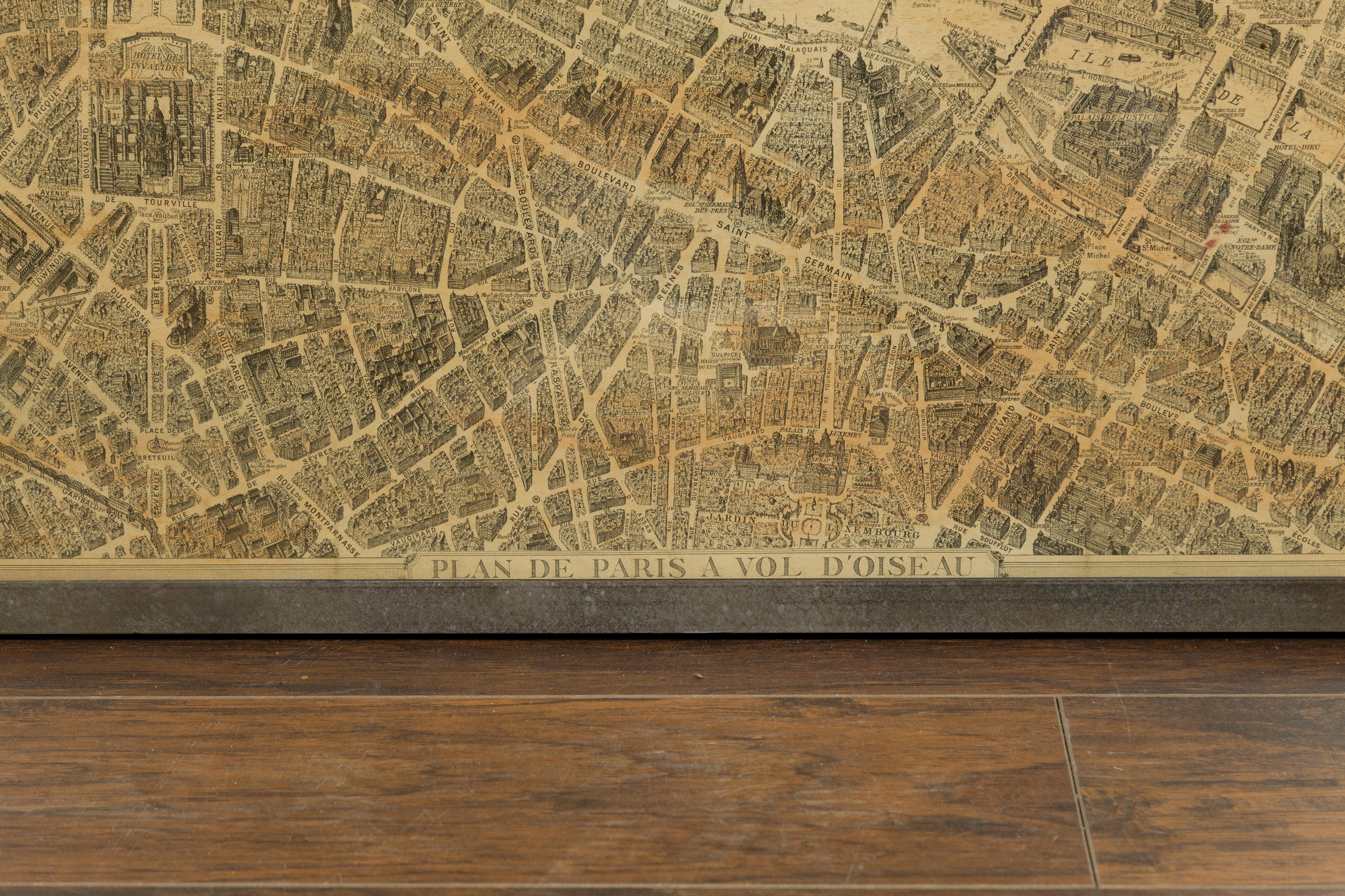 French 1930s Map of Paris à Vol d'Oiseau under Glass in Custom Iron Frame For Sale 5