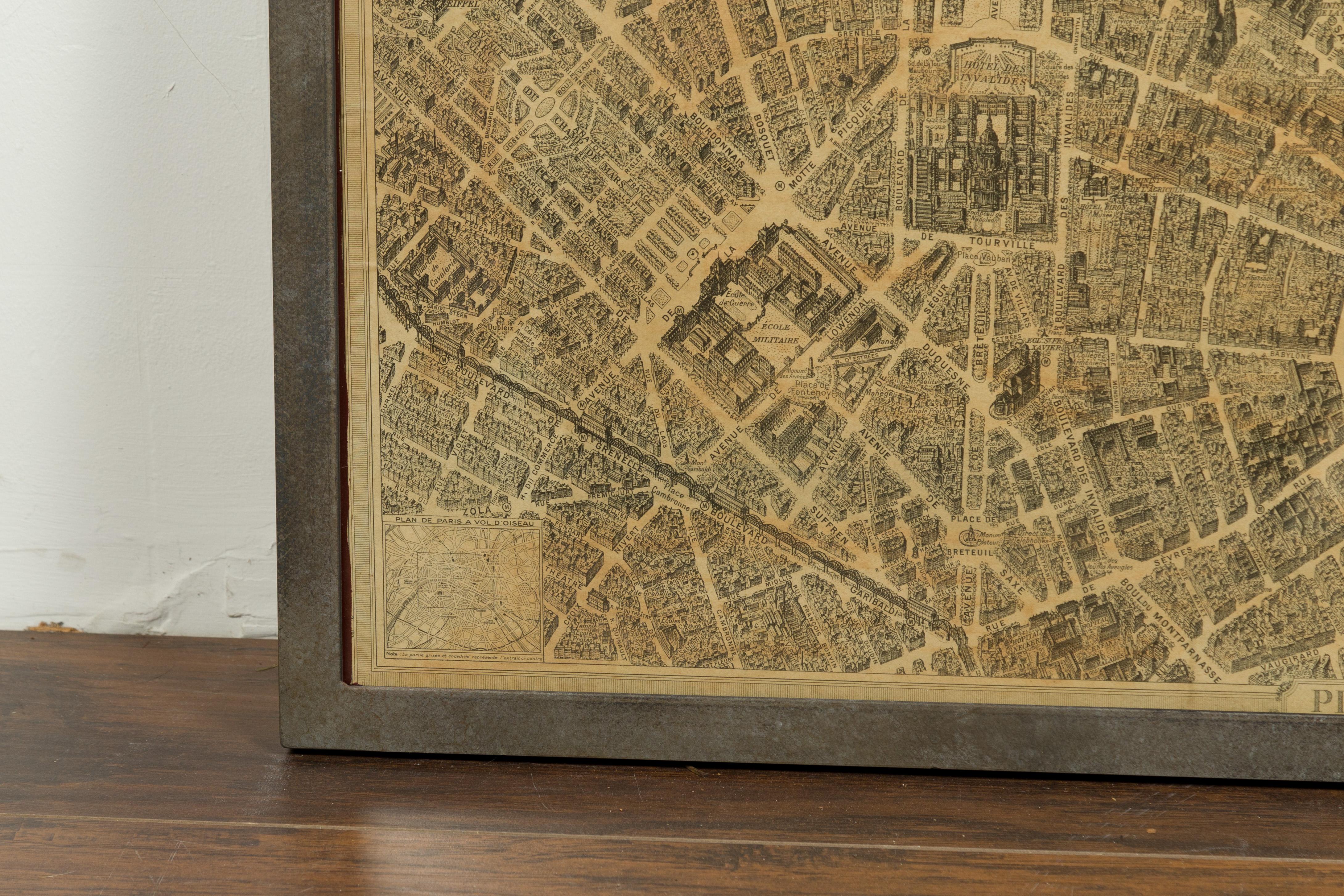 French 1930s Map of Paris à Vol d'Oiseau under Glass in Custom Iron Frame For Sale 6