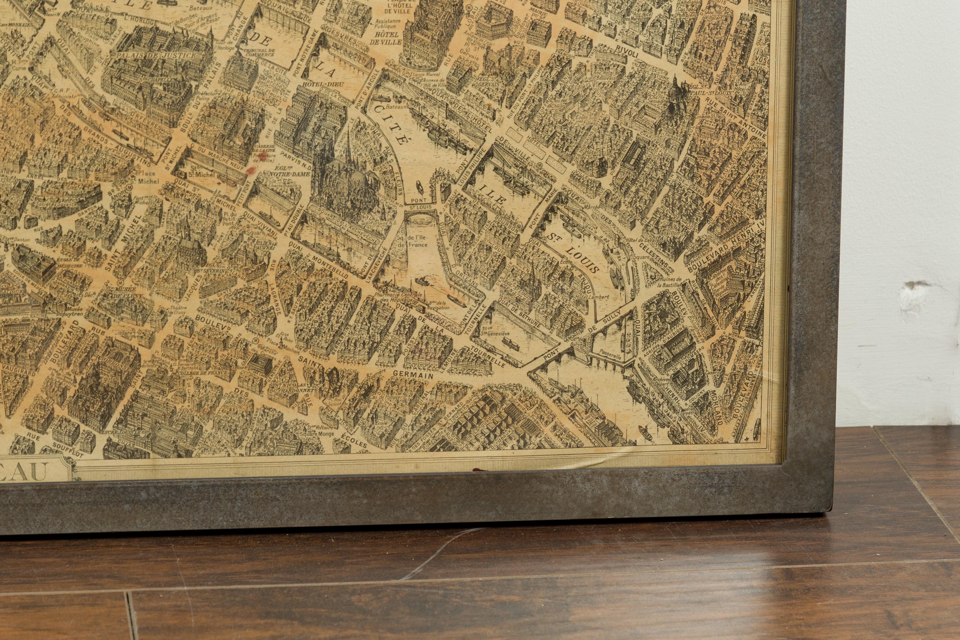 French 1930s Map of Paris à Vol d'Oiseau under Glass in Custom Iron Frame For Sale 7