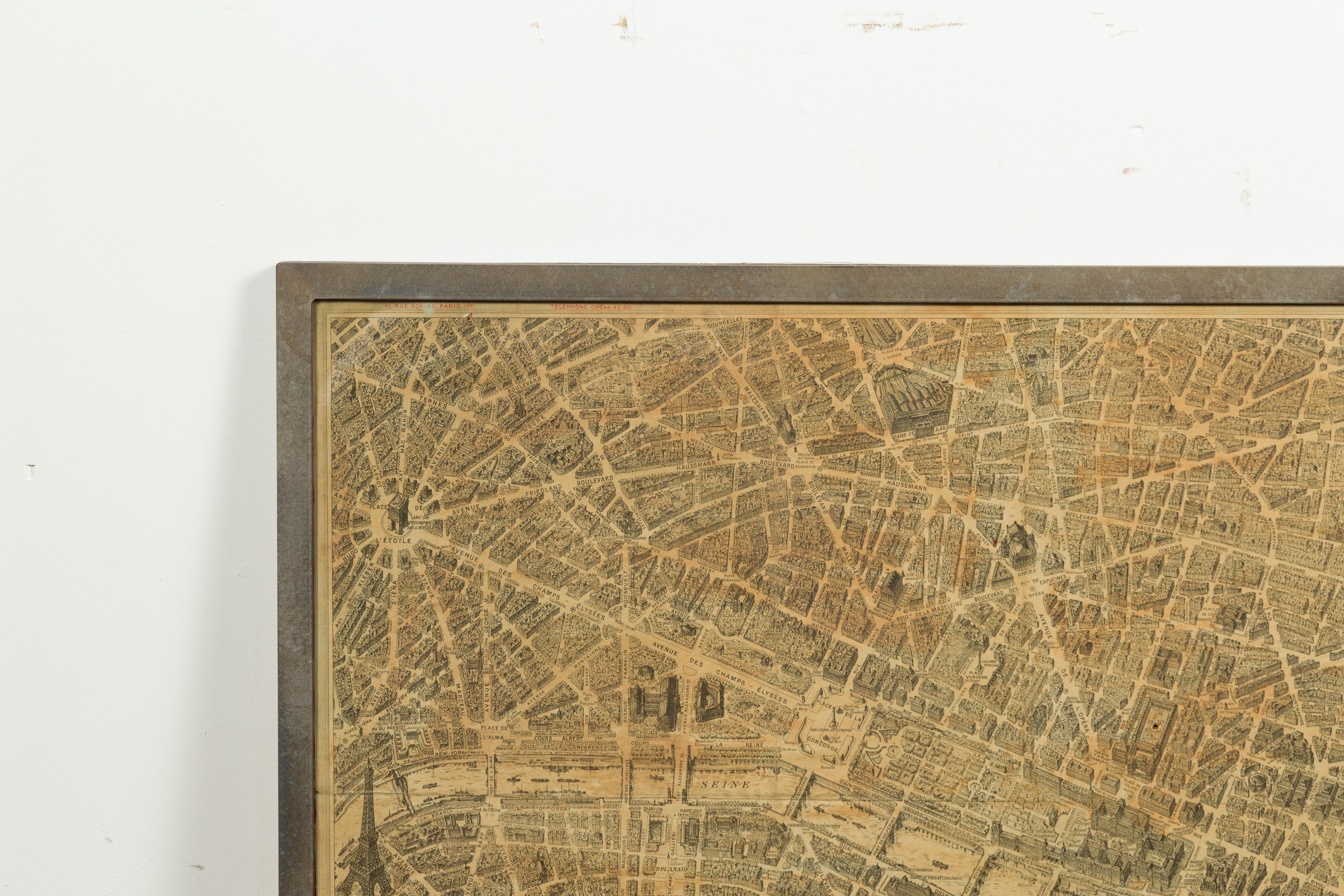 French 1930s Map of Paris à Vol d'Oiseau under Glass in Custom Iron Frame In Good Condition For Sale In Atlanta, GA