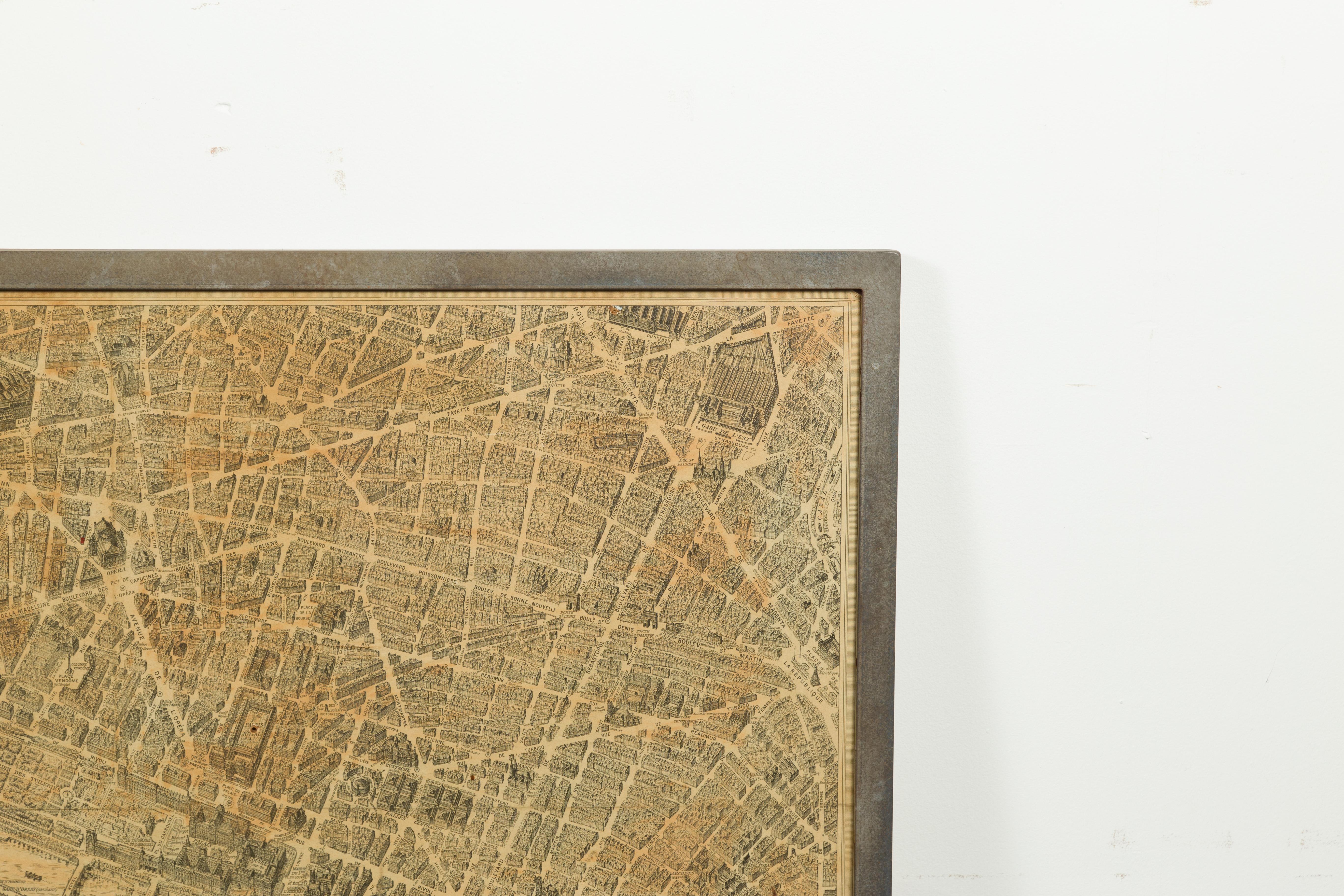 20th Century French 1930s Map of Paris à Vol d'Oiseau under Glass in Custom Iron Frame For Sale
