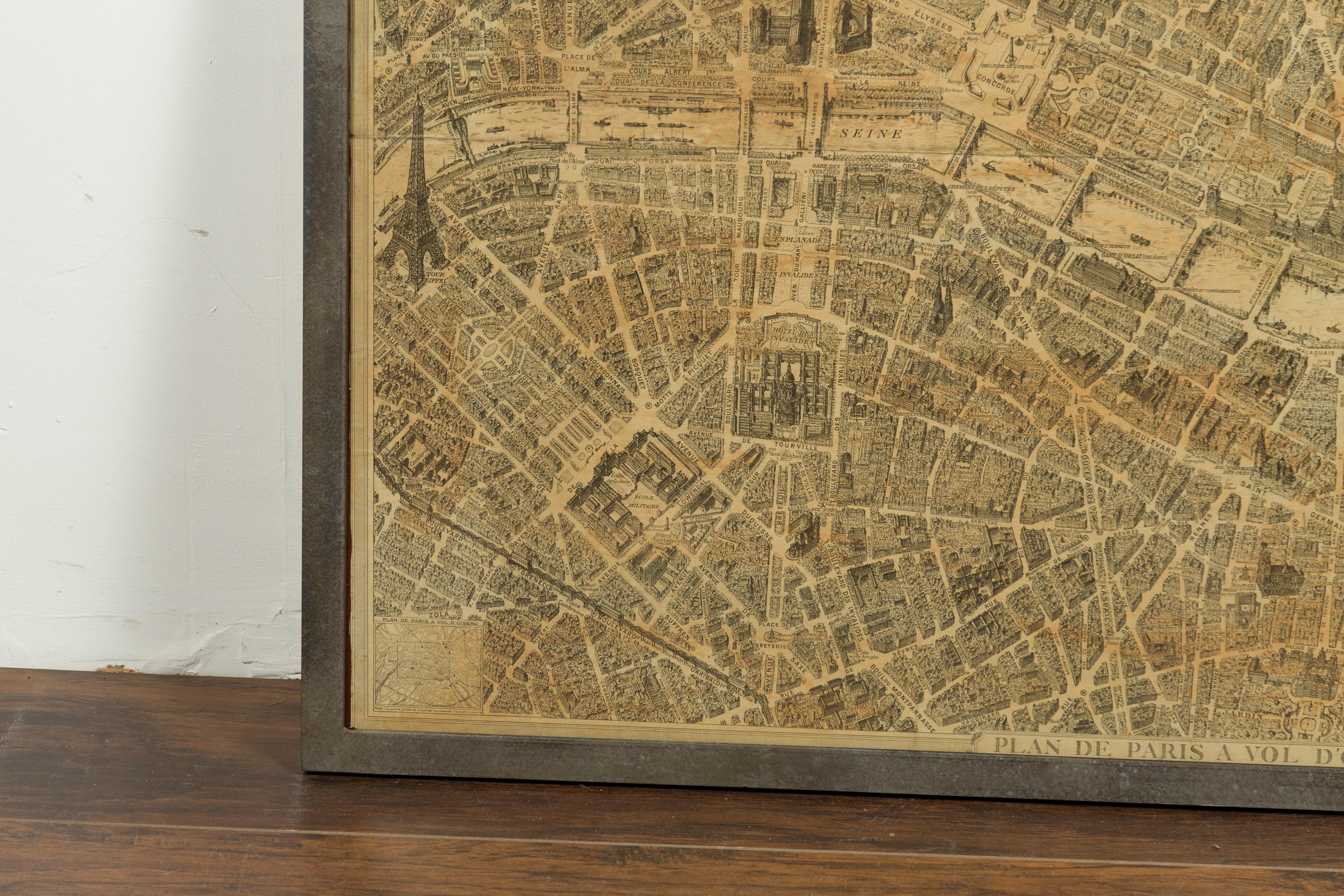 Paper French 1930s Map of Paris à Vol d'Oiseau under Glass in Custom Iron Frame For Sale
