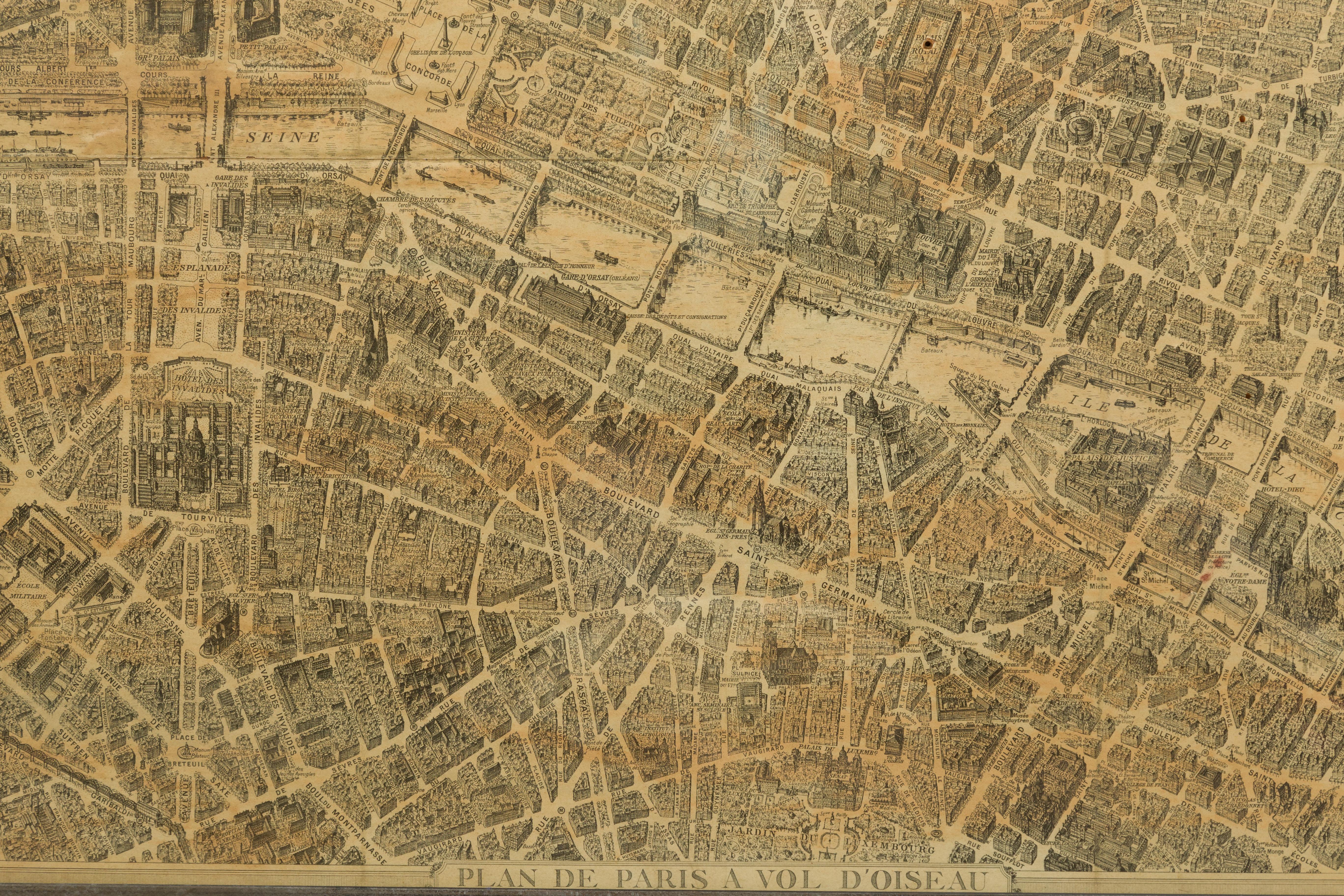 Französisch 1930er Jahre Karte von Paris à Vol d'Oiseau unter Glas in benutzerdefinierten Eisenrahmen im Angebot 4