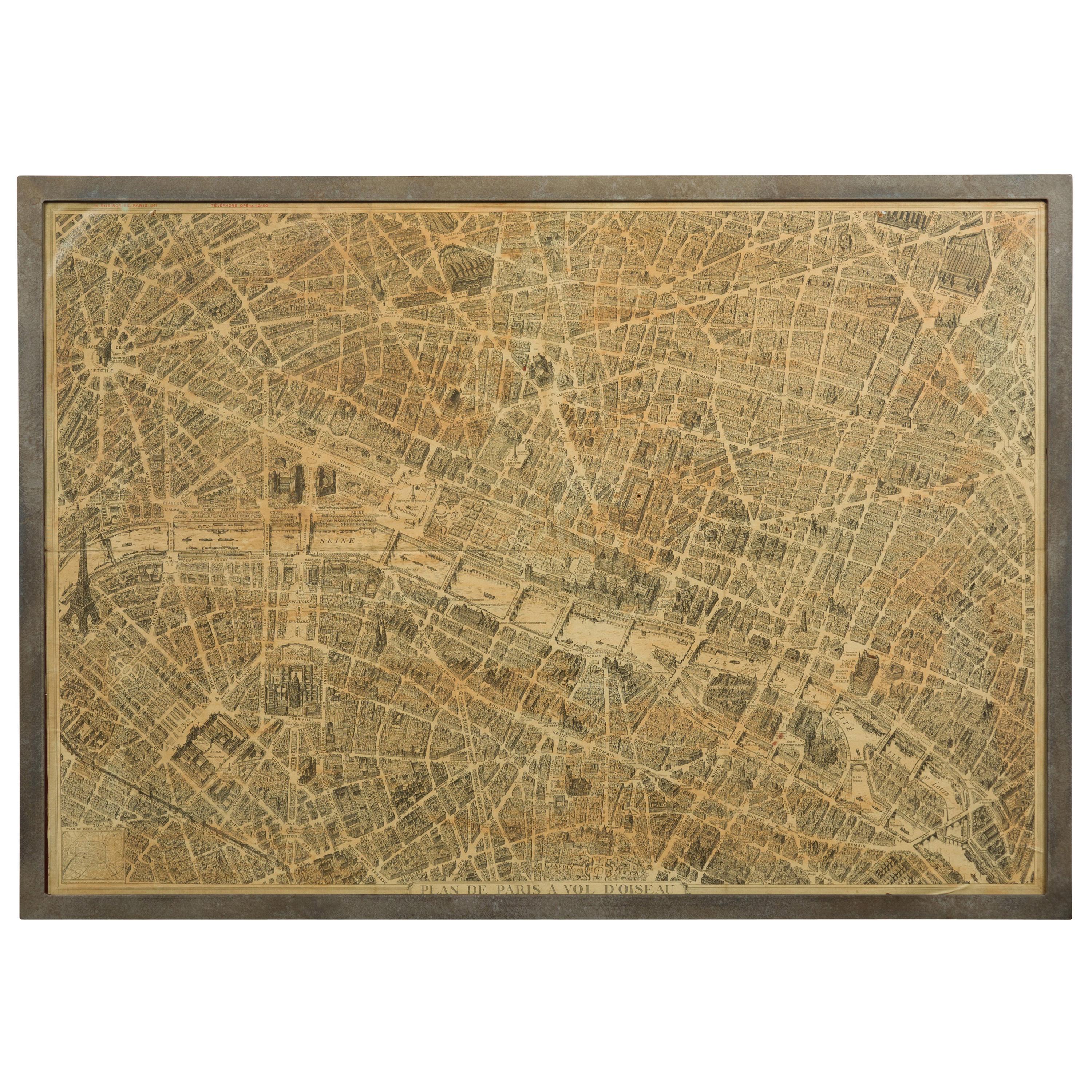 French 1930s Map of Paris à Vol d'Oiseau under Glass in Custom Iron Frame