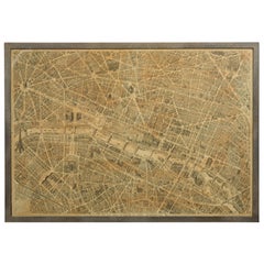 Antique French 1930s Map of Paris à Vol d'Oiseau under Glass in Custom Iron Frame