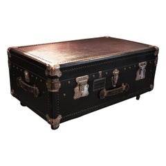 Used French 1930s Marine Blue Canvas Cabin Trunk as Coffee Table