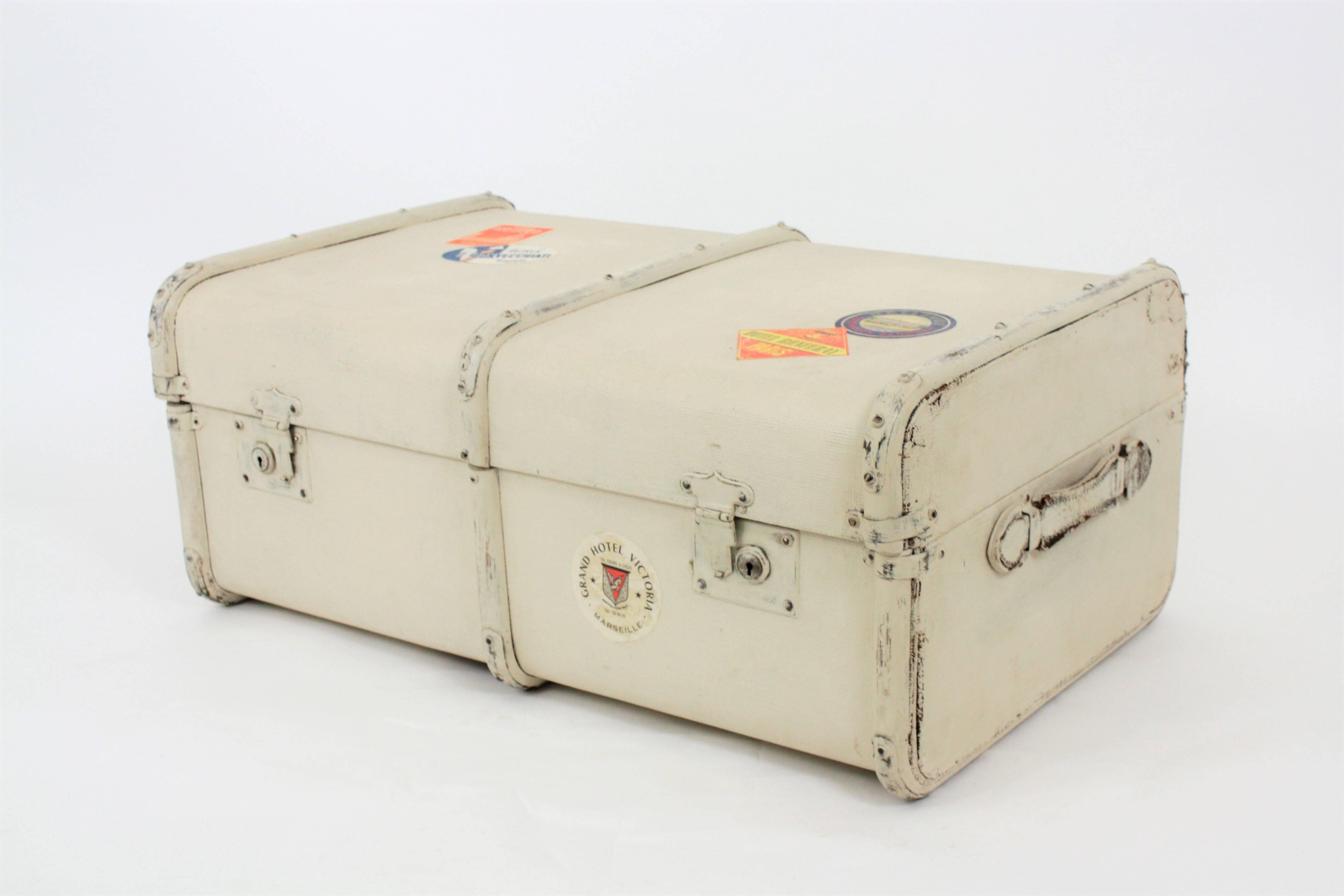 Bohemian French Mediterranean Canvas and Wood Travel Trunk, 1930s For Sale