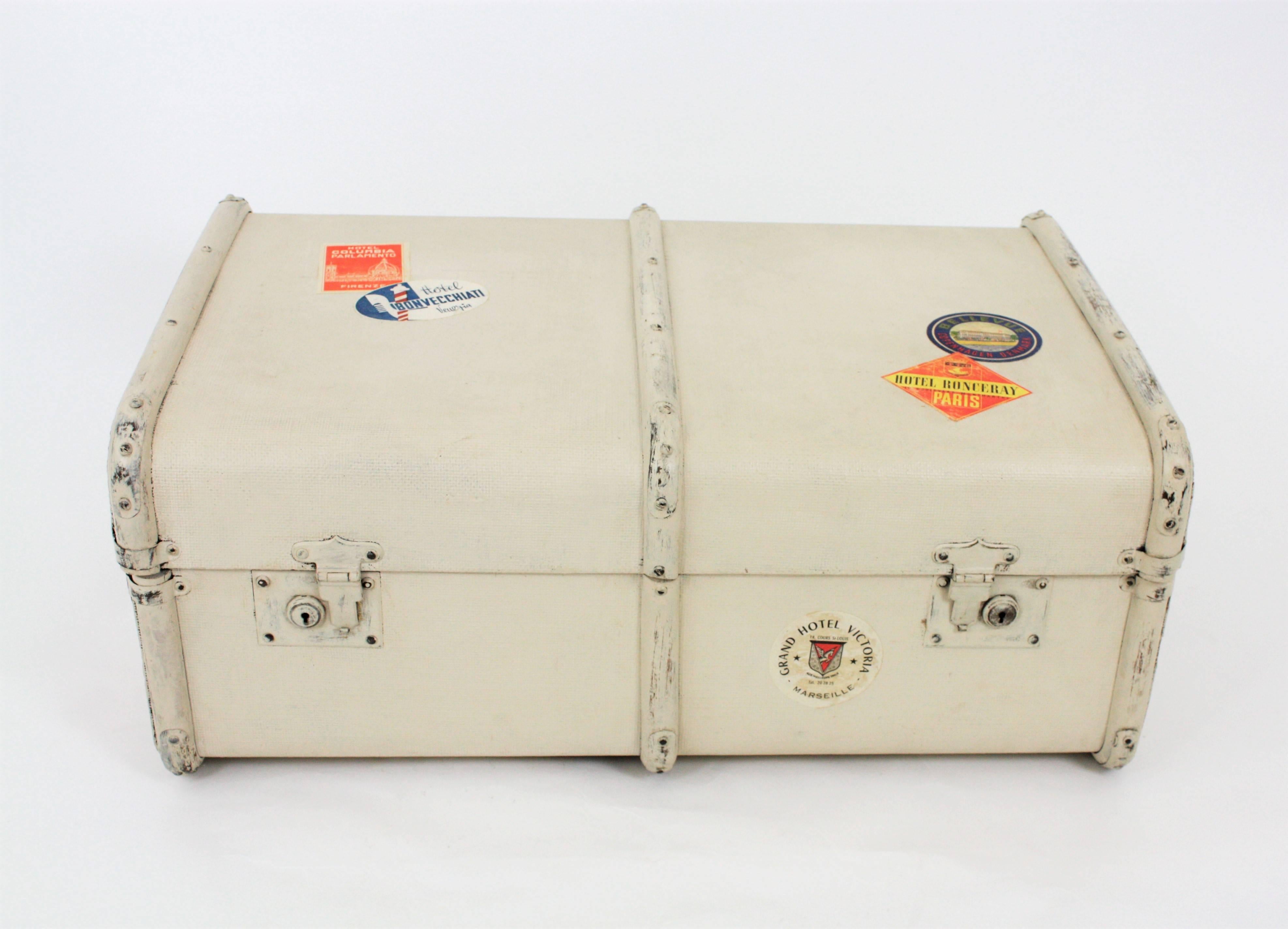 Painted French Mediterranean Canvas and Wood Travel Trunk, 1930s For Sale