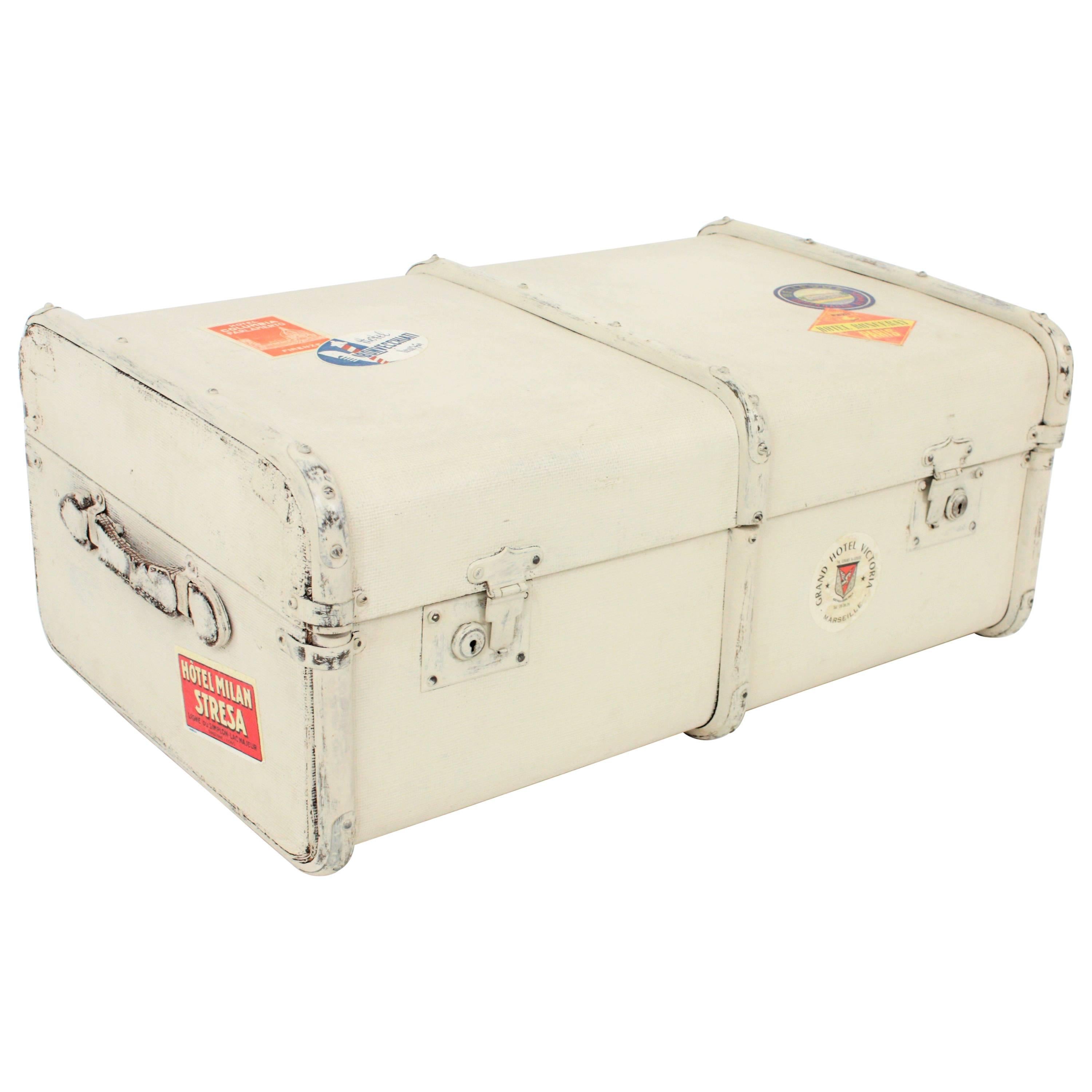 French Mediterranean Canvas and Wood Travel Trunk, 1930s