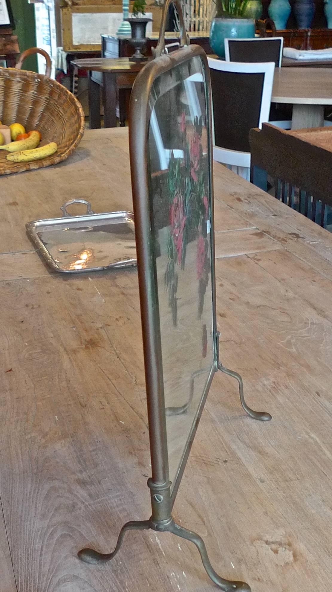 French 1930s Mirrored Fire Screen with Painted Flowers on Beveled Mirror Glass 6