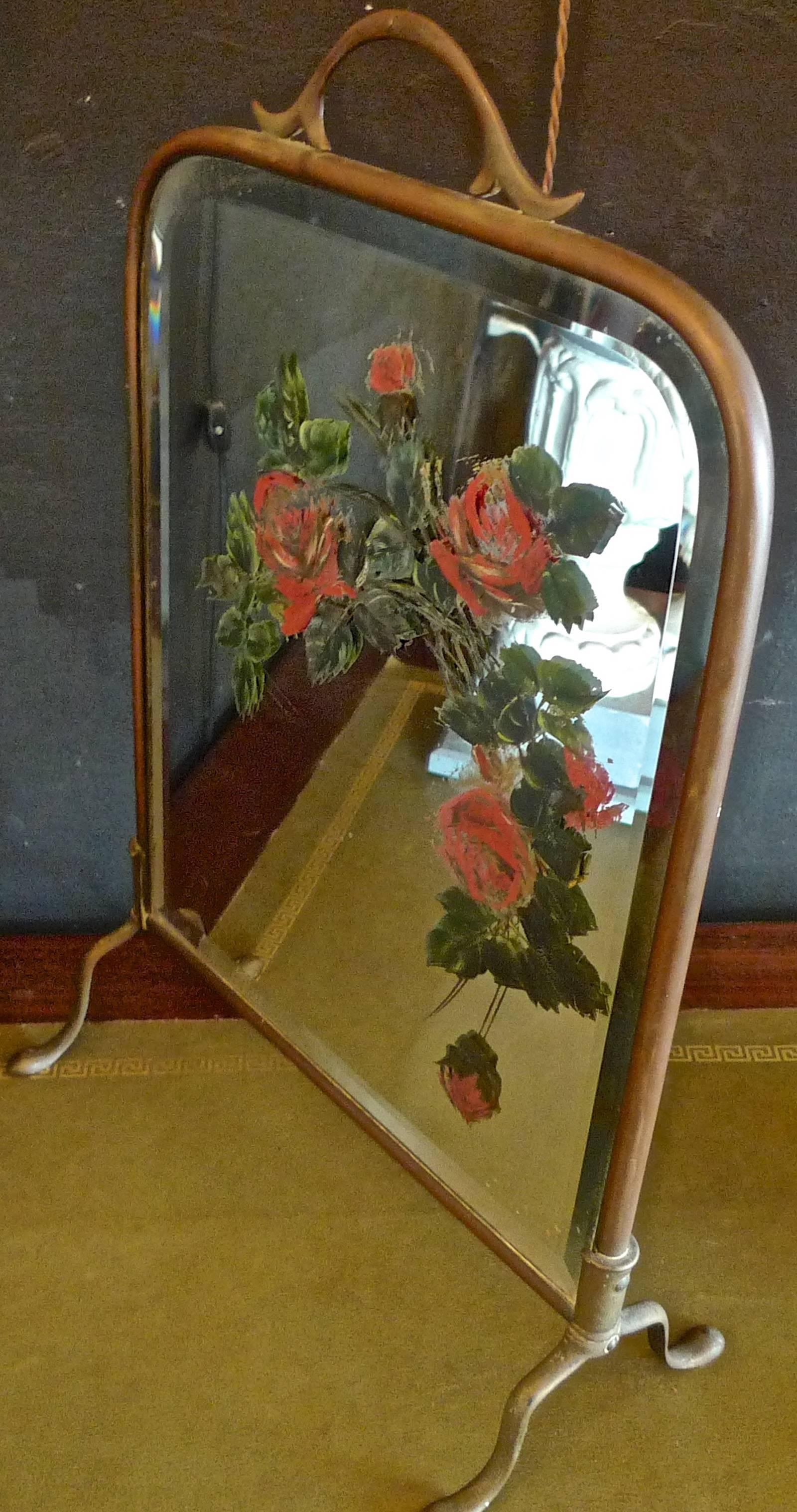 French 1930s Mirrored Fire Screen with Painted Flowers on Beveled Mirror Glass In Distressed Condition In Santa Monica, CA