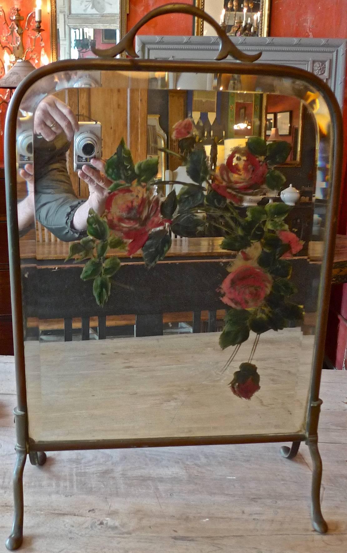 20th Century French 1930s Mirrored Fire Screen with Painted Flowers on Beveled Mirror Glass