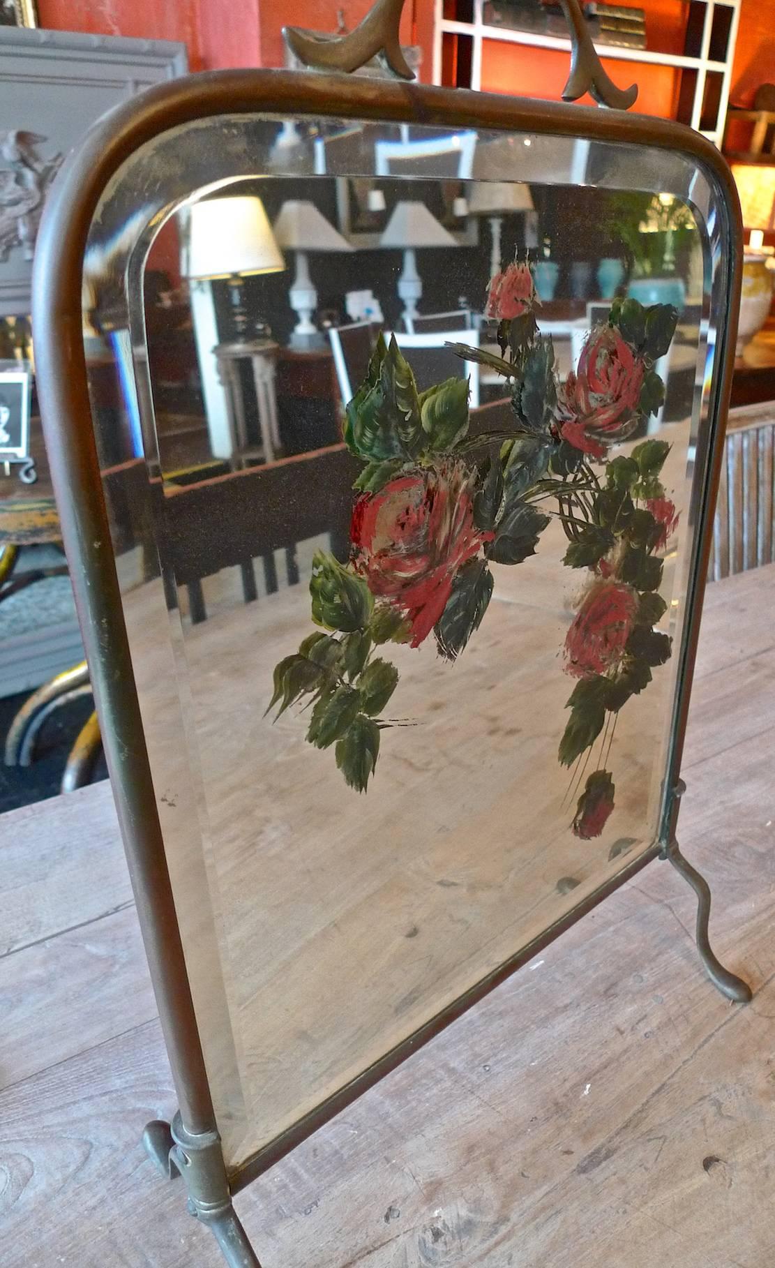French 1930s Mirrored Fire Screen with Painted Flowers on Beveled Mirror Glass 1