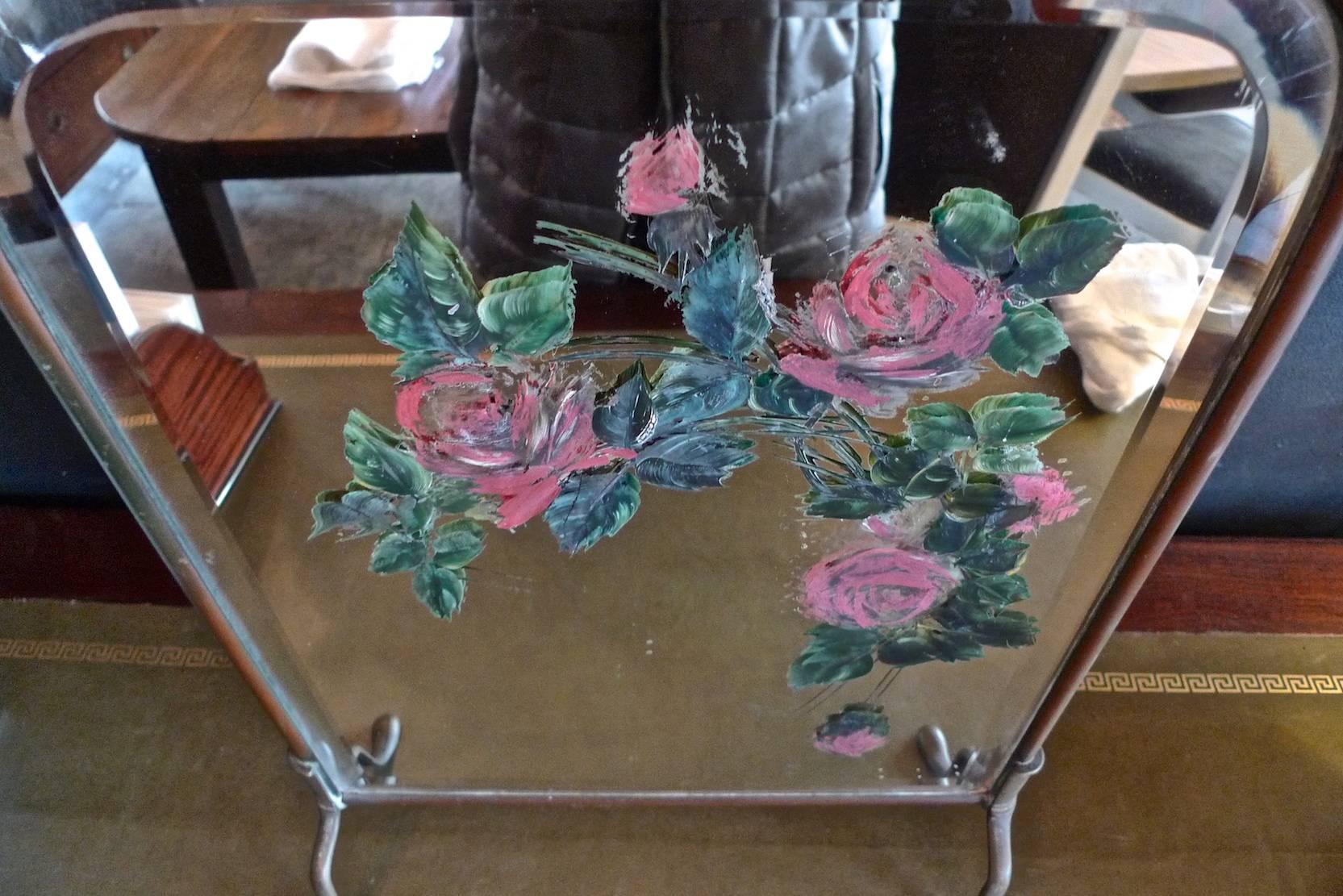 French 1930s Mirrored Fire Screen with Painted Flowers on Beveled Mirror Glass 2