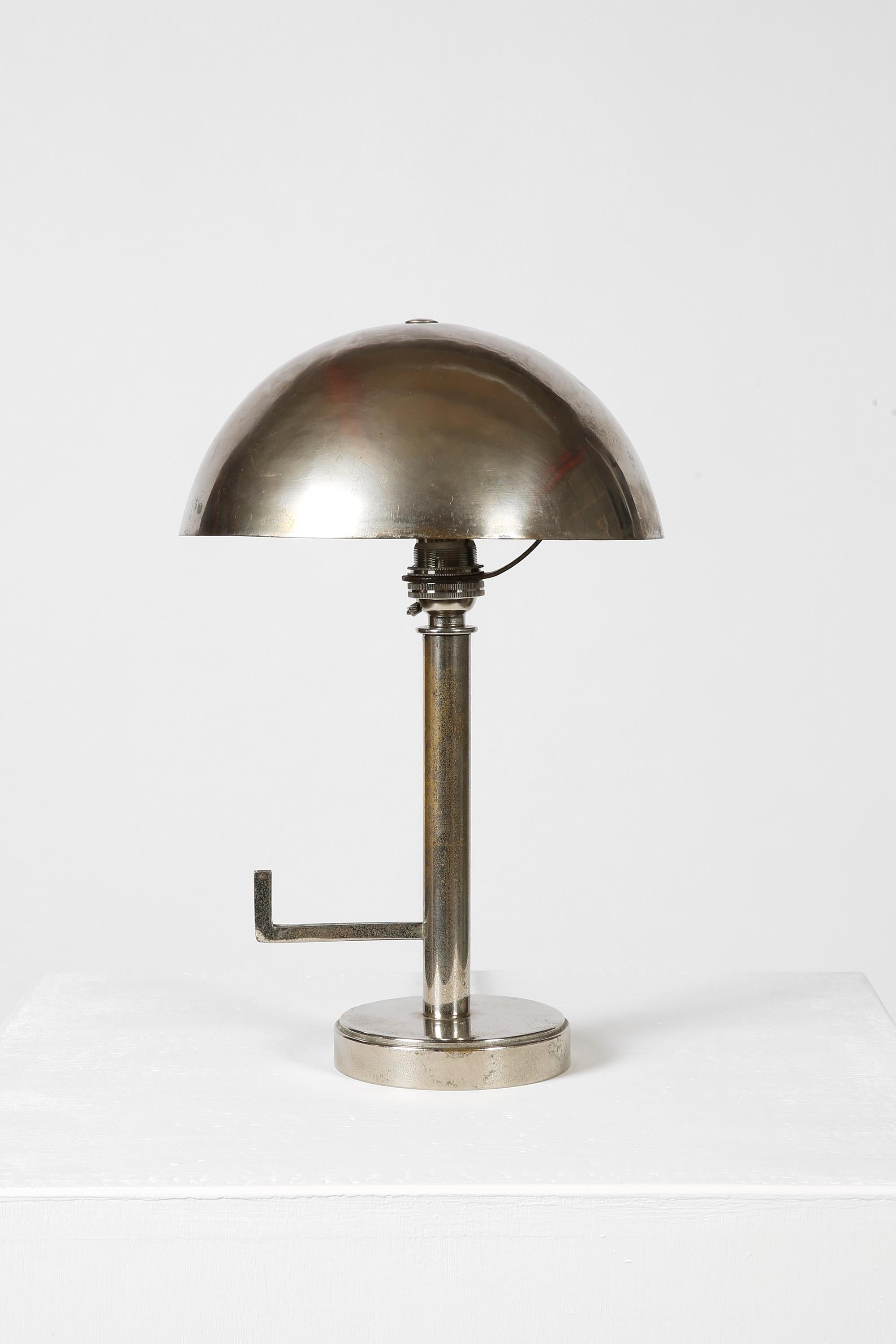 20th Century French 1930s Modernist Art Deco Nickel Dome Shade Lamp For Sale