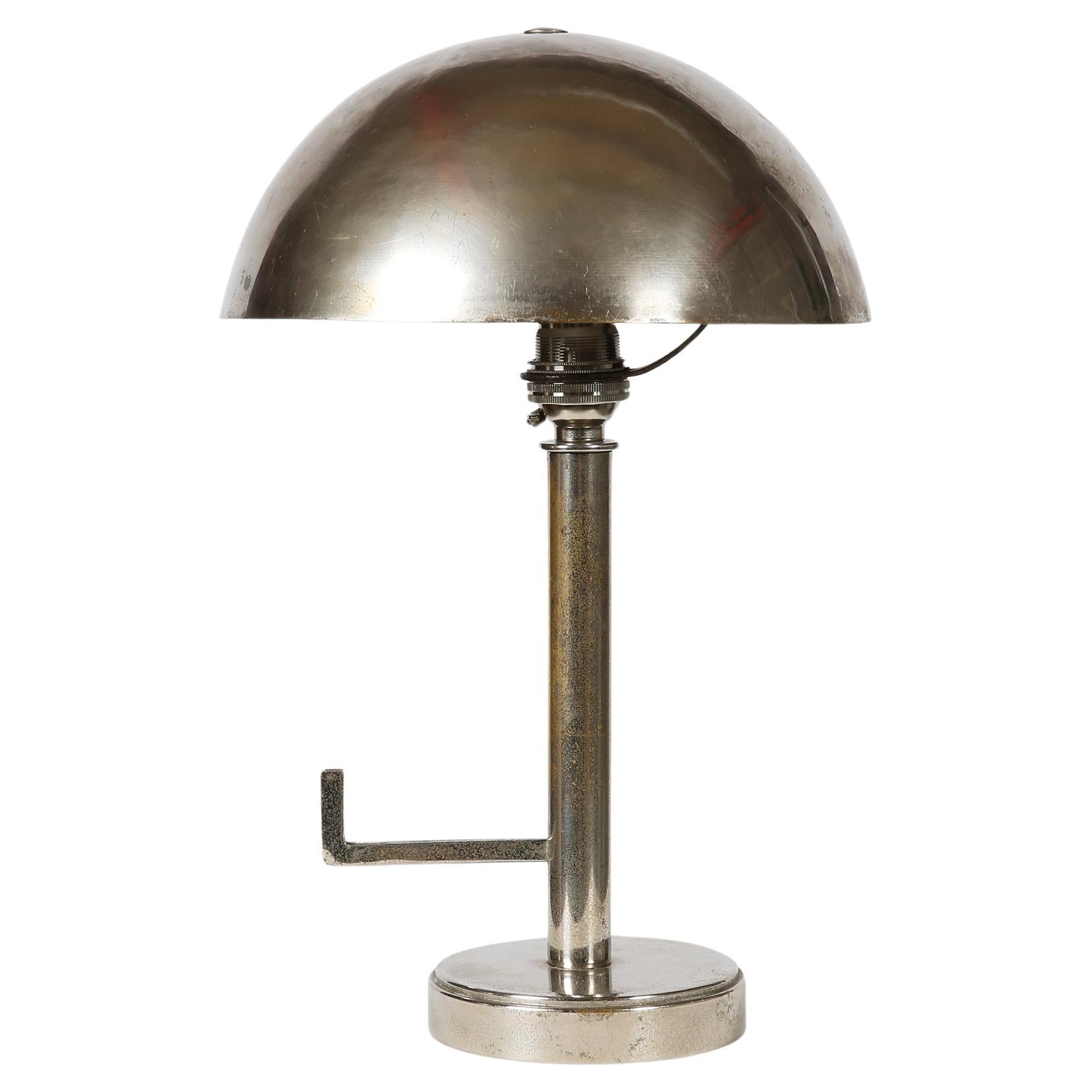 French 1930s Modernist Art Deco Nickel Dome Shade Lamp For Sale