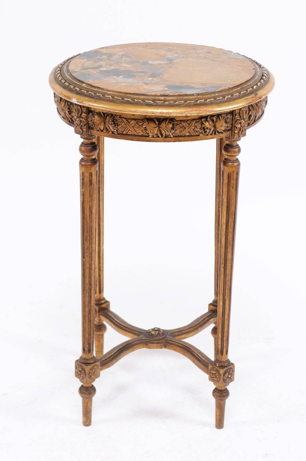 Gilt French 1930s Neoclassical Style Gilded Guéridon Table with Variegated Marble Top