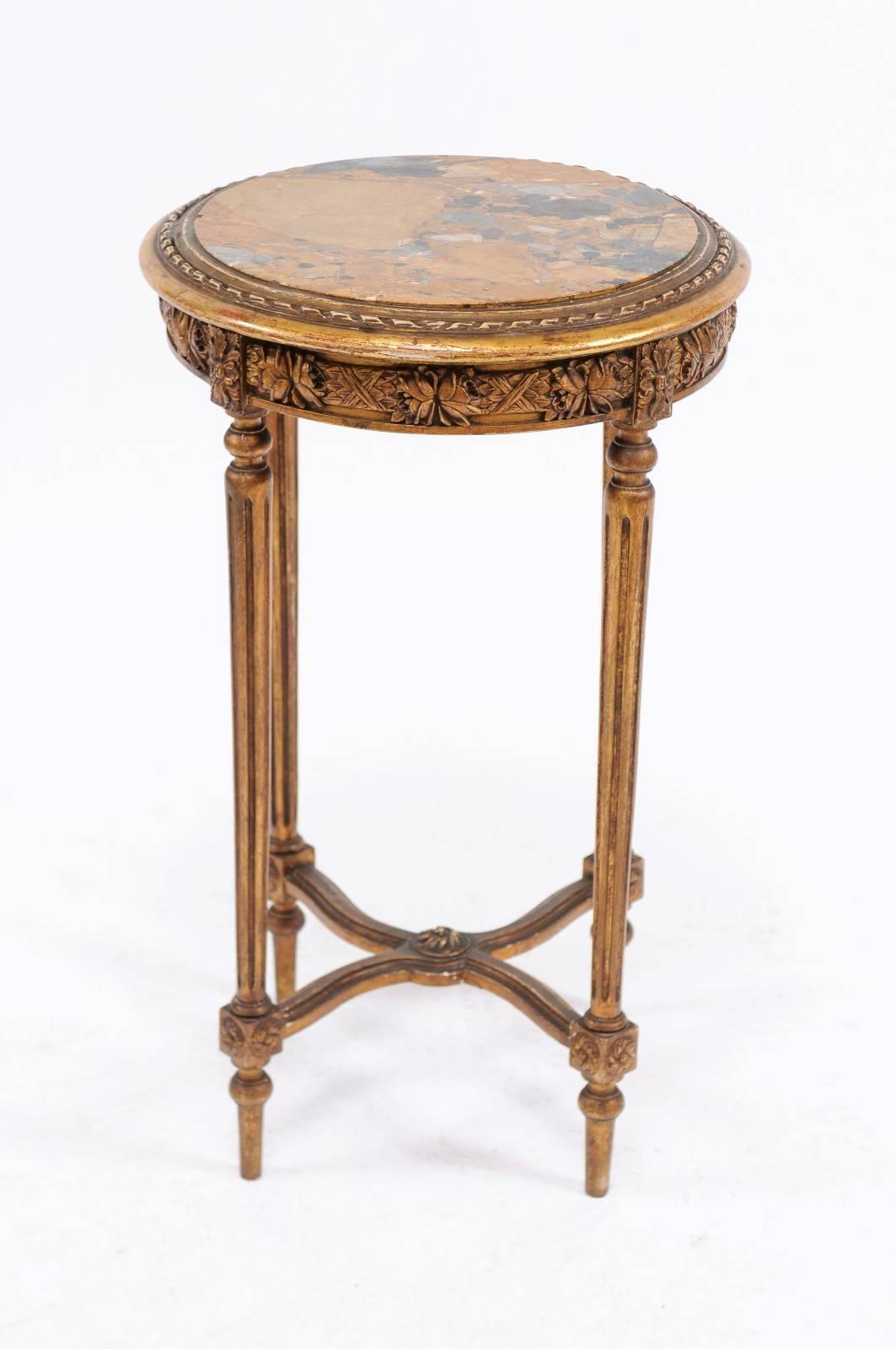 French 1930s Neoclassical Style Gilded Guéridon Table with Variegated Marble Top 2
