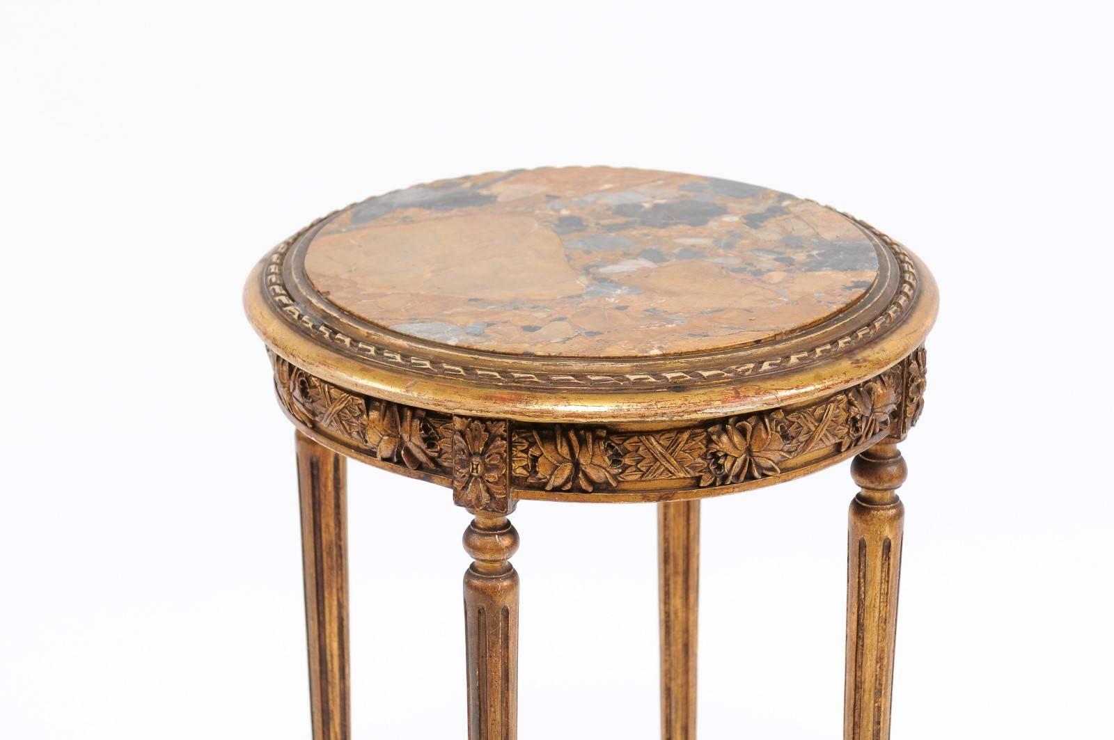 French 1930s Neoclassical Style Gilded Guéridon Table with Variegated Marble Top 4