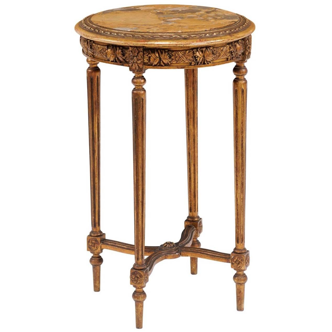 French 1930s Neoclassical Style Gilded Guéridon Table with Variegated Marble Top