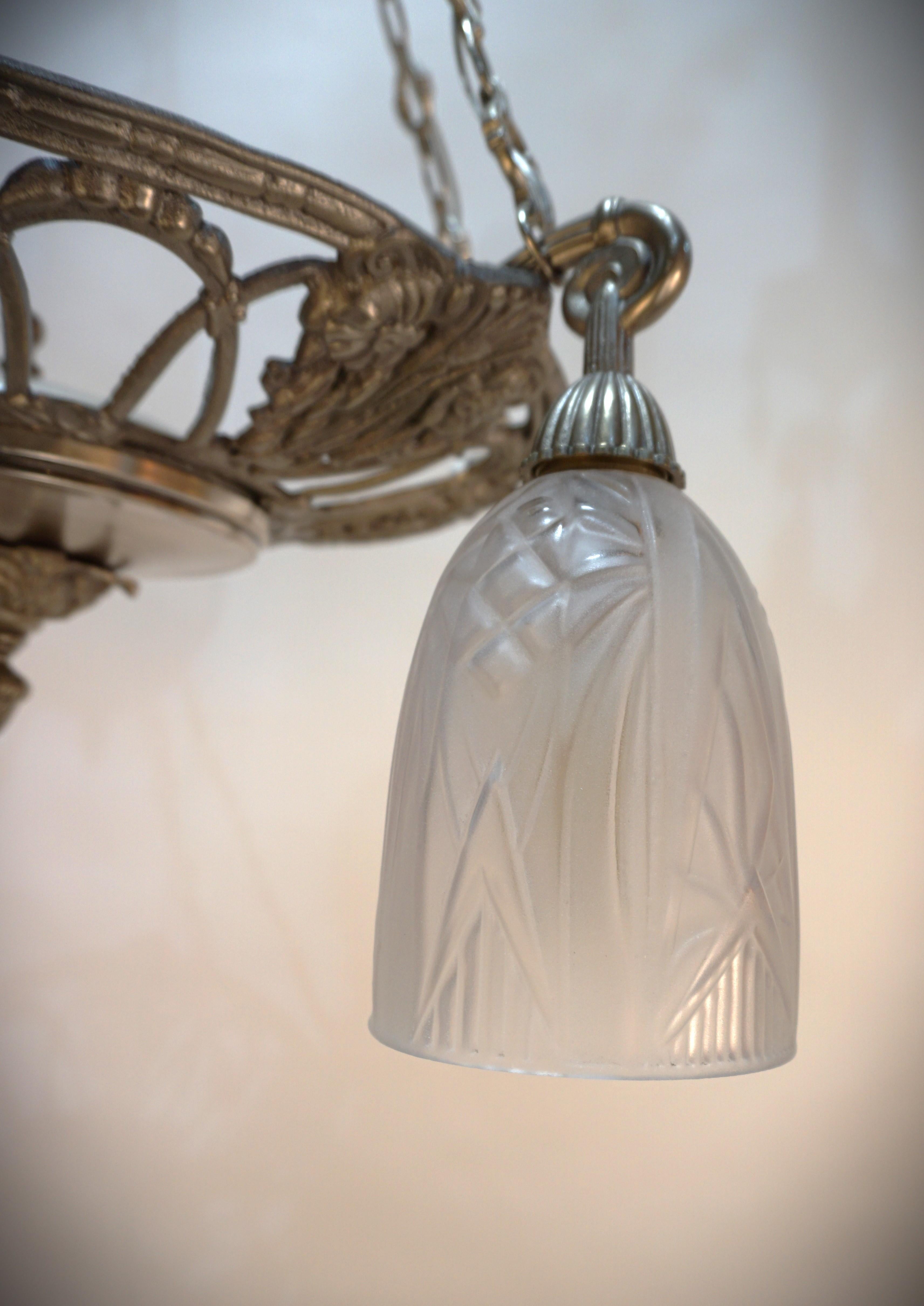 French 1930's Nickel and Glass Chandelier For Sale 7