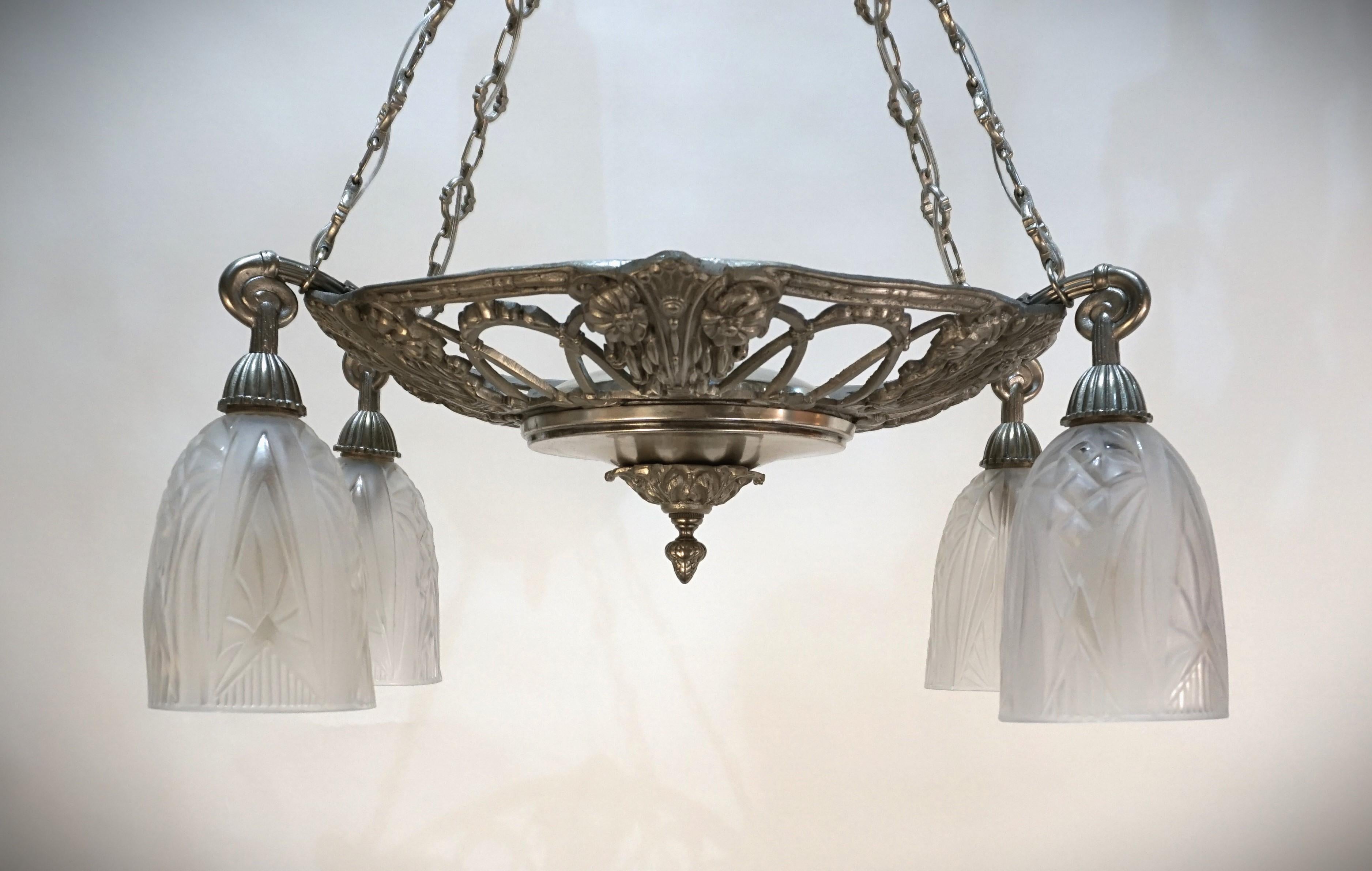 French 1930's Nickel and Glass Chandelier For Sale 8