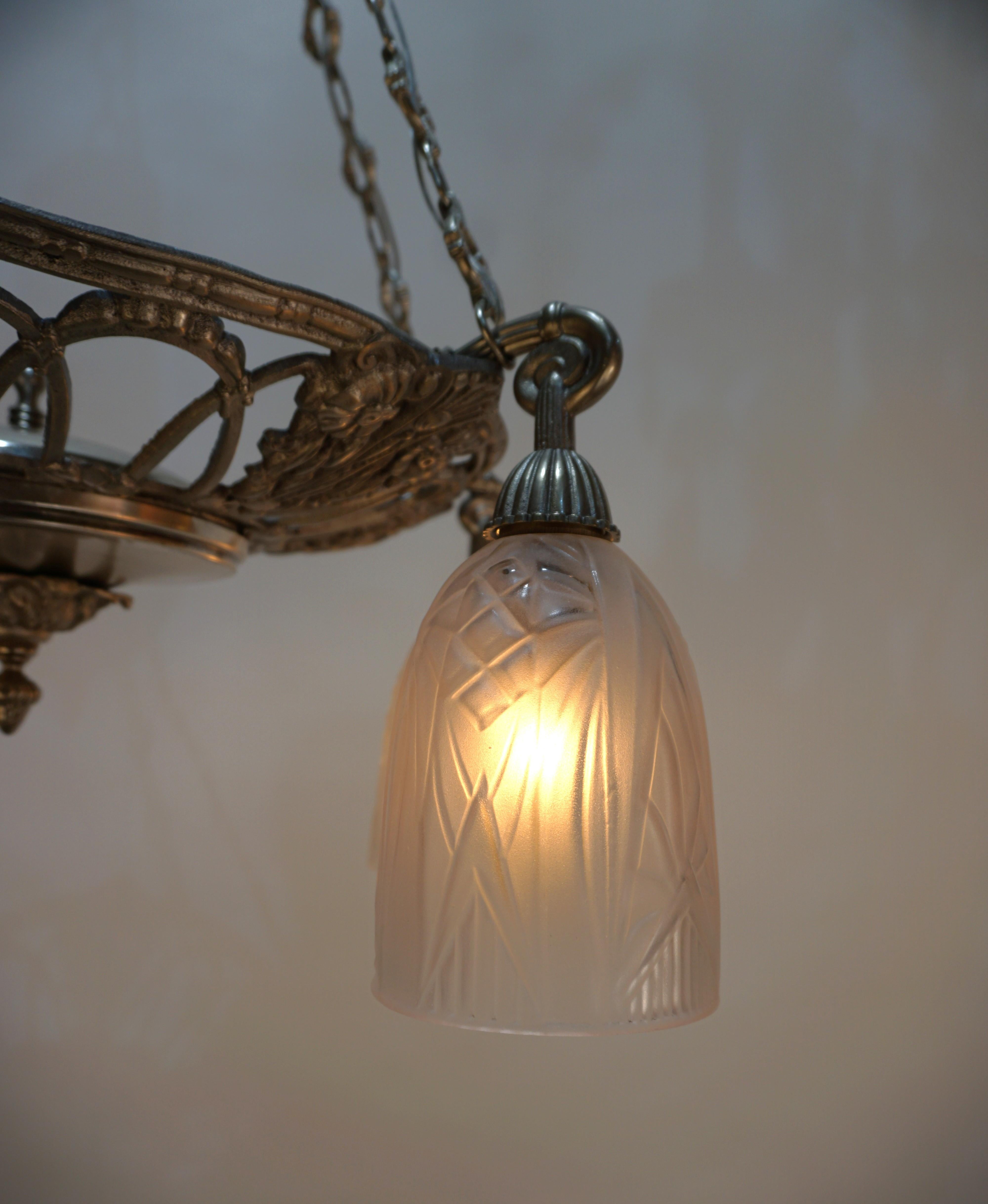 French 1930's Nickel and Glass Chandelier In Good Condition For Sale In Fairfax, VA