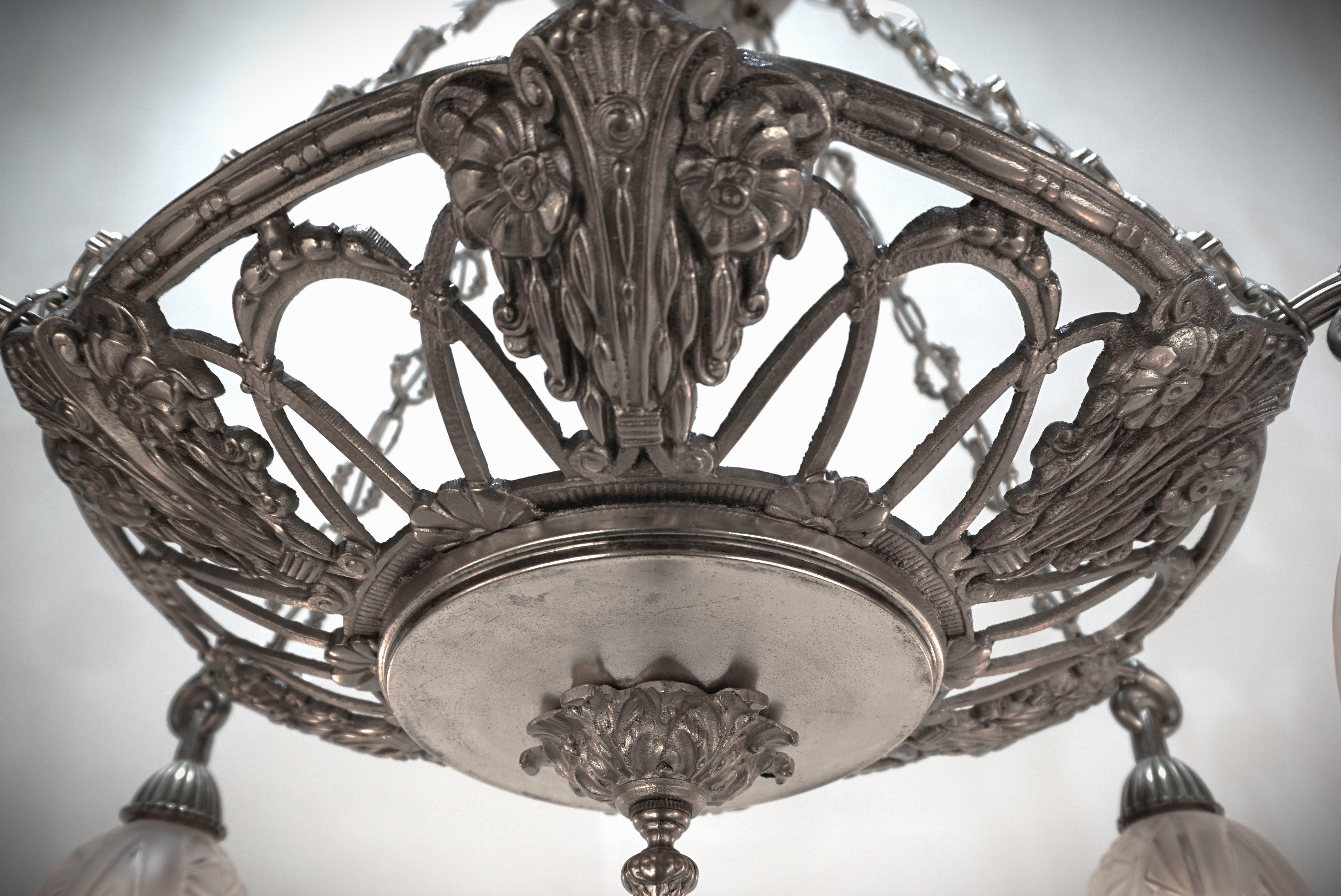 French 1930's Nickel and Glass Chandelier For Sale 1