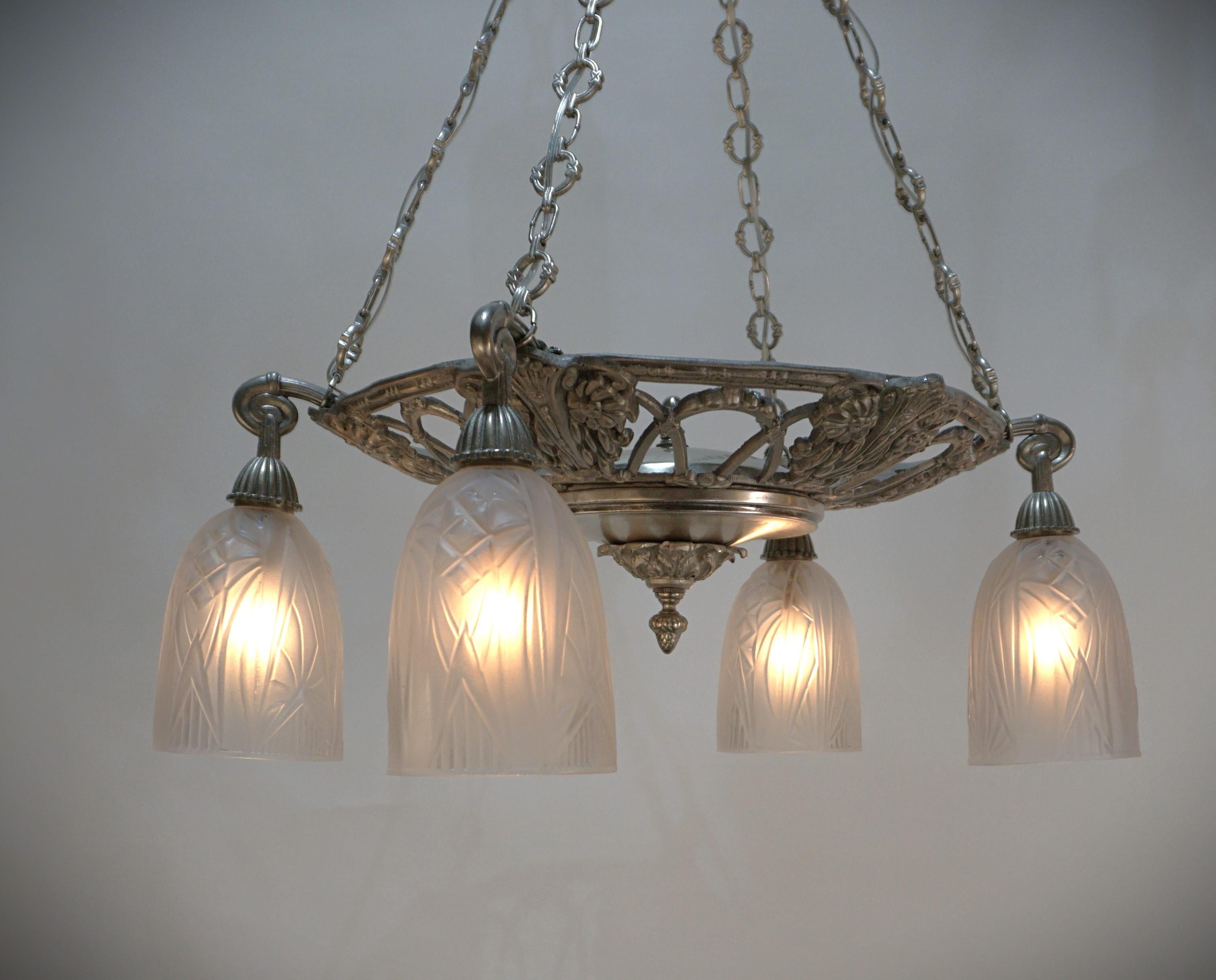 French 1930's Nickel and Glass Chandelier For Sale 2