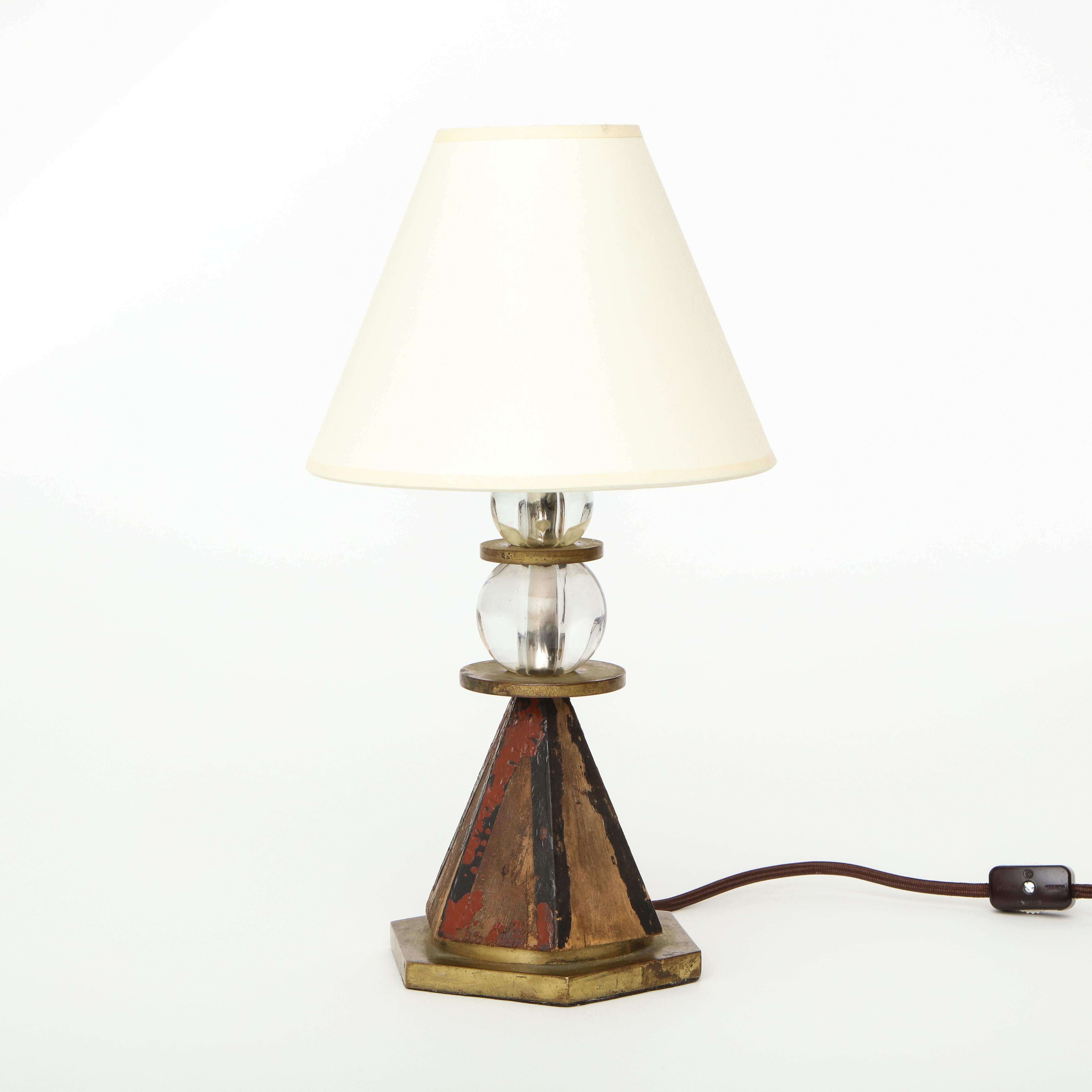 Hand-Painted French 1930s Painted Wood Crystal Table Lamp For Sale