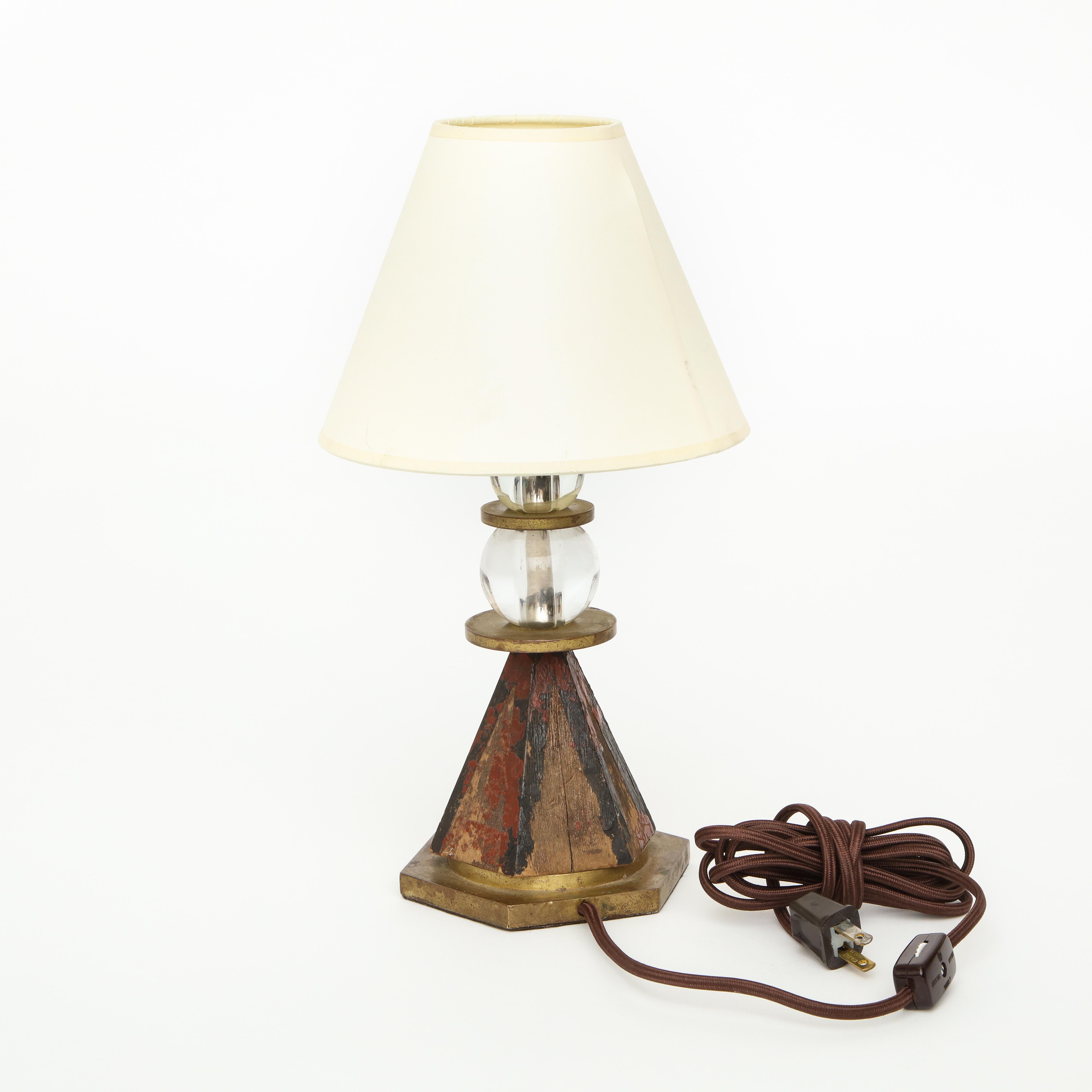Blown Glass French 1930s Painted Wood Crystal Table Lamp For Sale