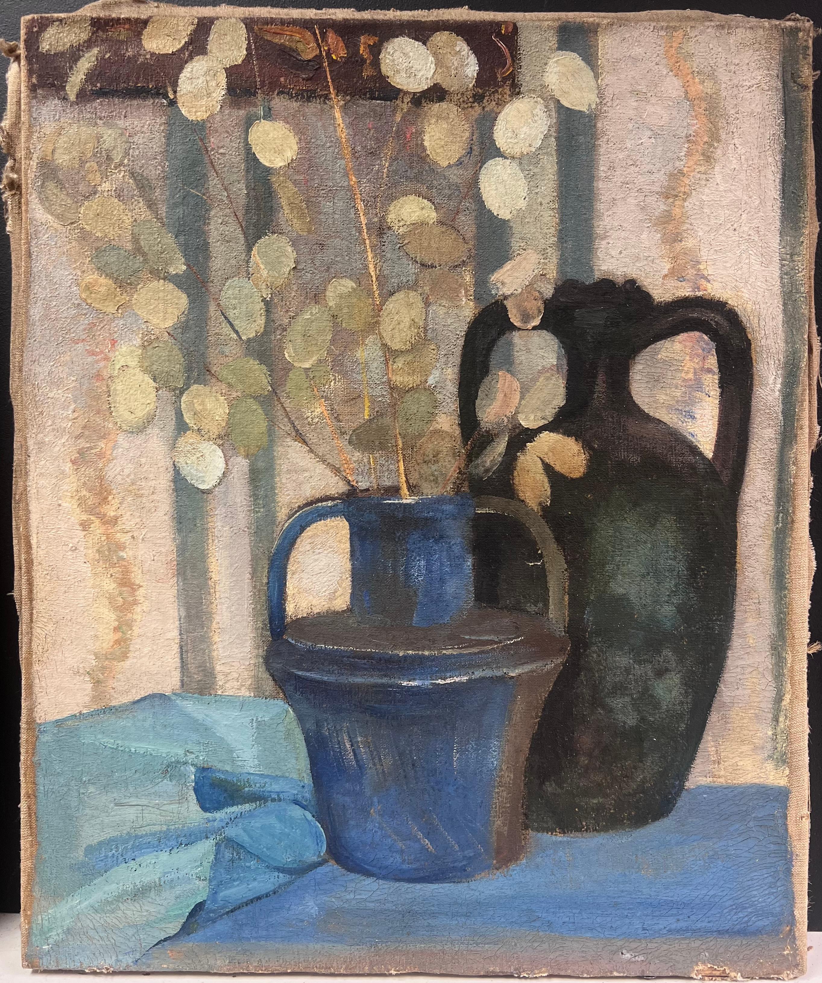 1930's Pintura al Óleo Modernista Francesa Lunaria Honestidad Plantas Naturaleza Muerta Jarra Azul - Painting de French 1930's