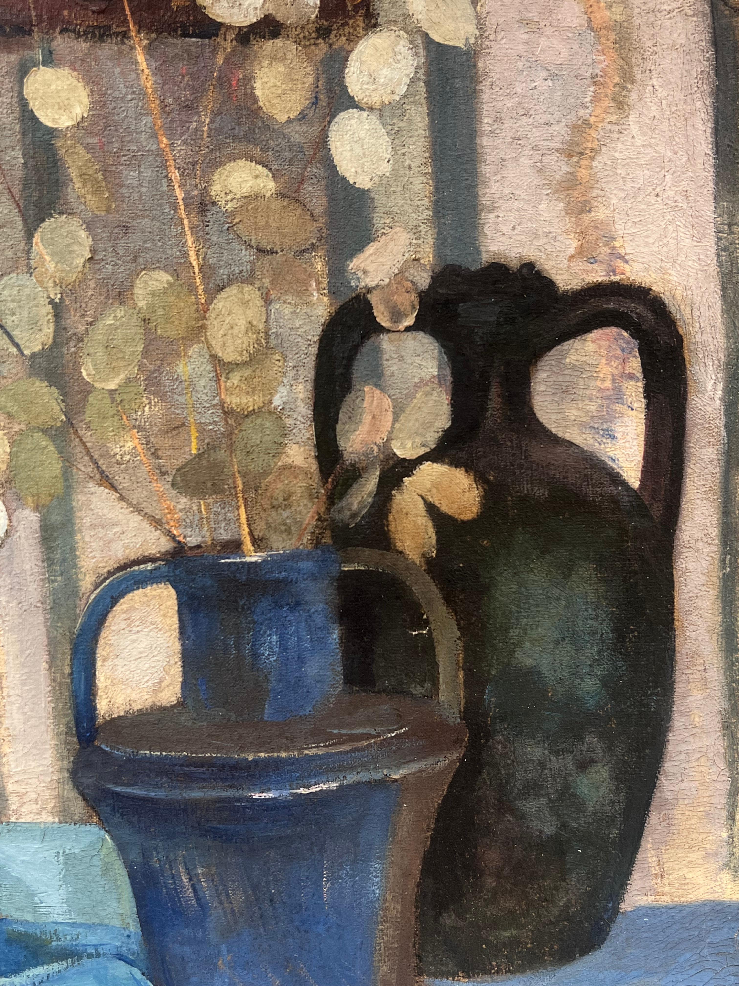 1930's Pintura al Óleo Modernista Francesa Lunaria Honestidad Plantas Naturaleza Muerta Jarra Azul - Painting Impresionista de French 1930's