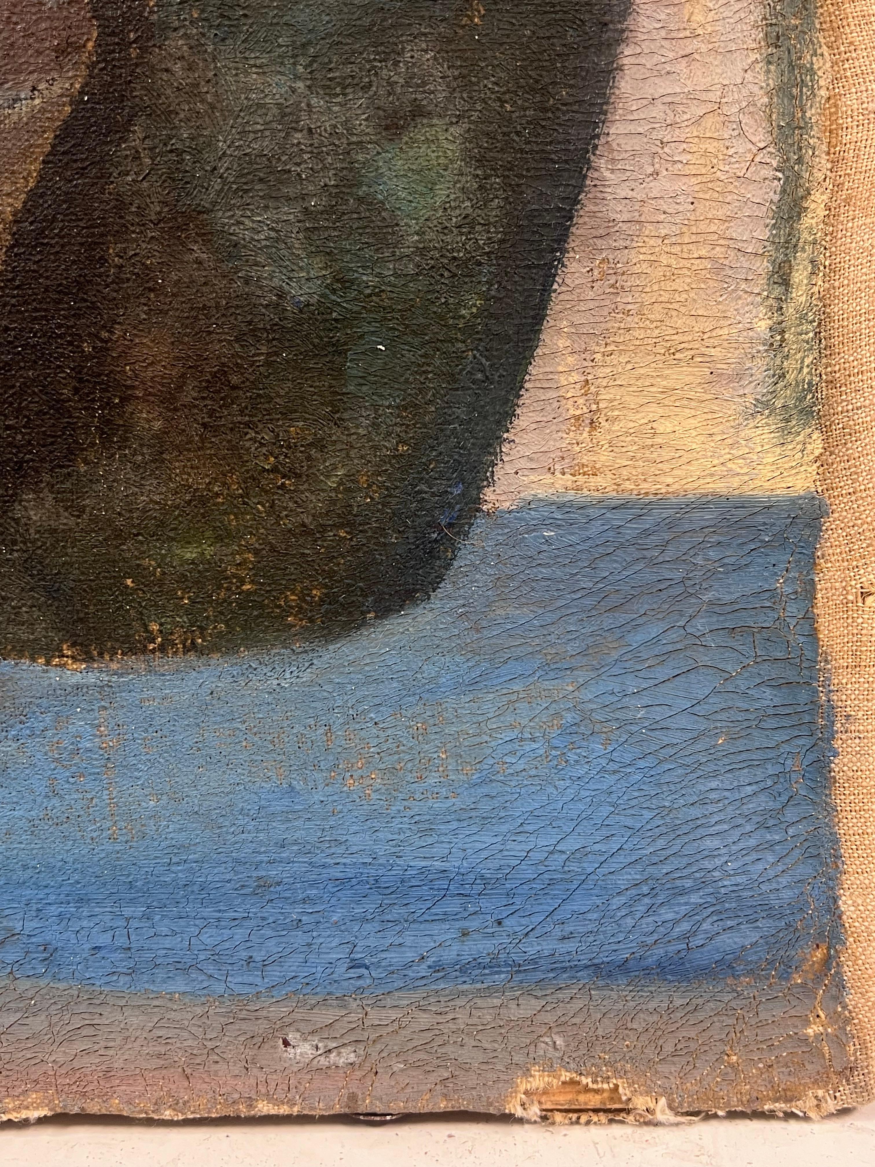 1930's Pintura al Óleo Modernista Francesa Lunaria Honestidad Plantas Naturaleza Muerta Jarra Azul en venta 2