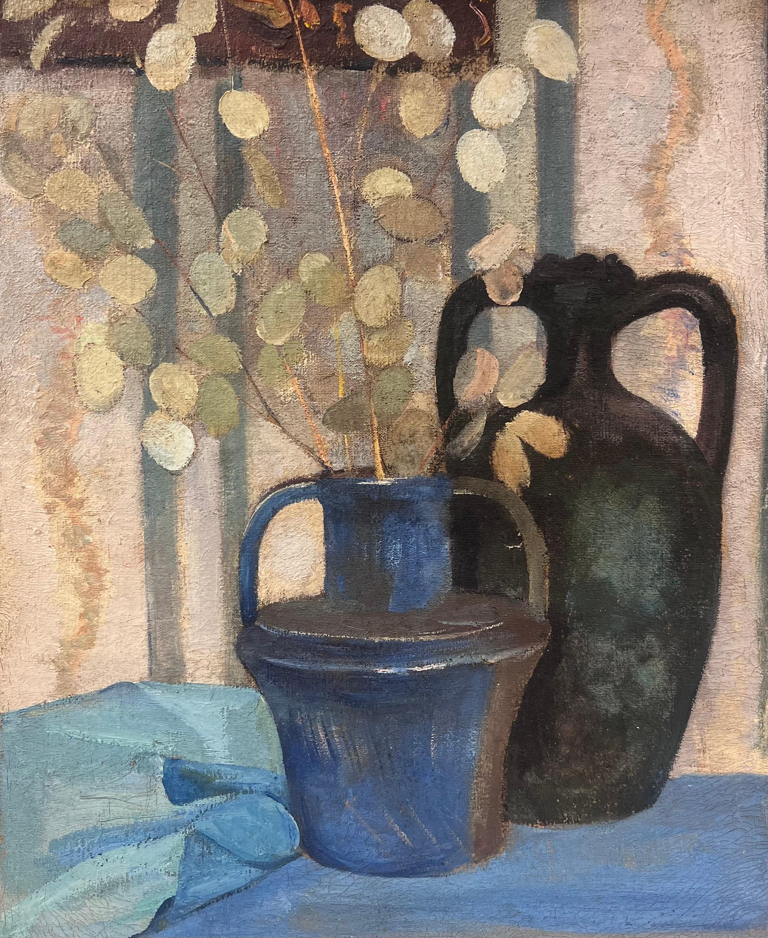 Still-Life Painting de French 1930's - 1930's Pintura al Óleo Modernista Francesa Lunaria Honestidad Plantas Naturaleza Muerta Jarra Azul
