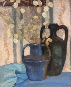 1930's Pintura al Óleo Modernista Francesa Lunaria Honestidad Plantas Naturaleza Muerta Jarra Azul