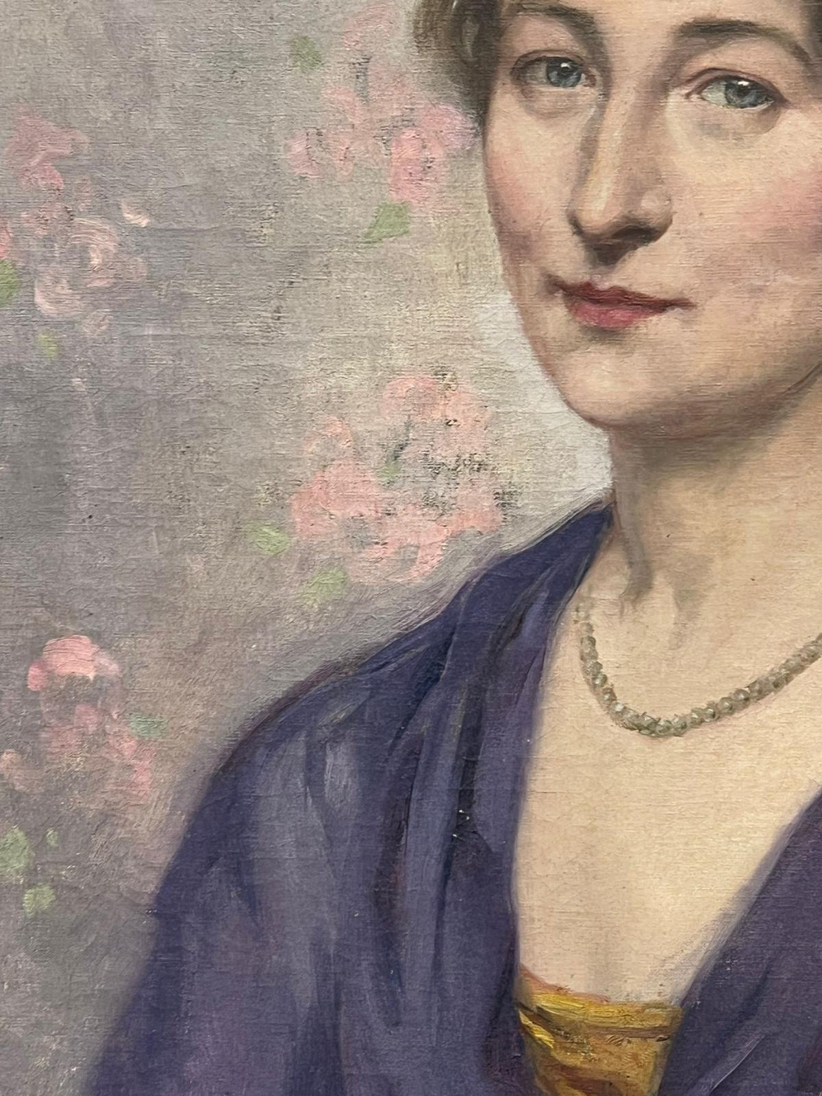 Portrait of a Lady in Purple Dress against a Pink and Blue Wallpaper background
French School, circa 1930's
signed lower front corner
oil on canvas, unframed
canvas: 22 x 18 inches
provenance: private collection, France
condition: very good and