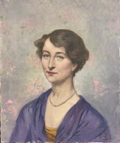 Beautiful 1930's French Signed Oil Portrait Lady Purple Dress Blue & Pink Back