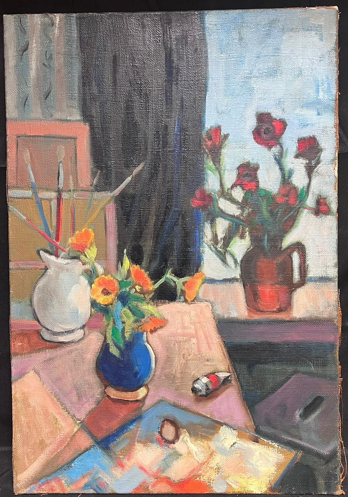 Grande huile post-impressionniste française des années 1930 Nature morte à l'huile, intérieur de studio d'artiste - Painting de French 1930's