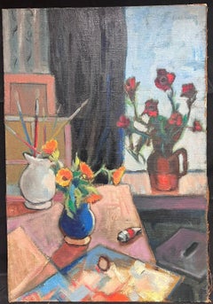 Großes französisches postimpressionistisches Öl-Stillleben des Künstlers, Studio Interior, 1930er Jahre