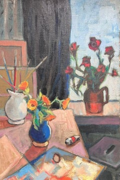 Großes französisches postimpressionistisches Öl-Stillleben des Künstlers, Studio Interior, 1930er Jahre