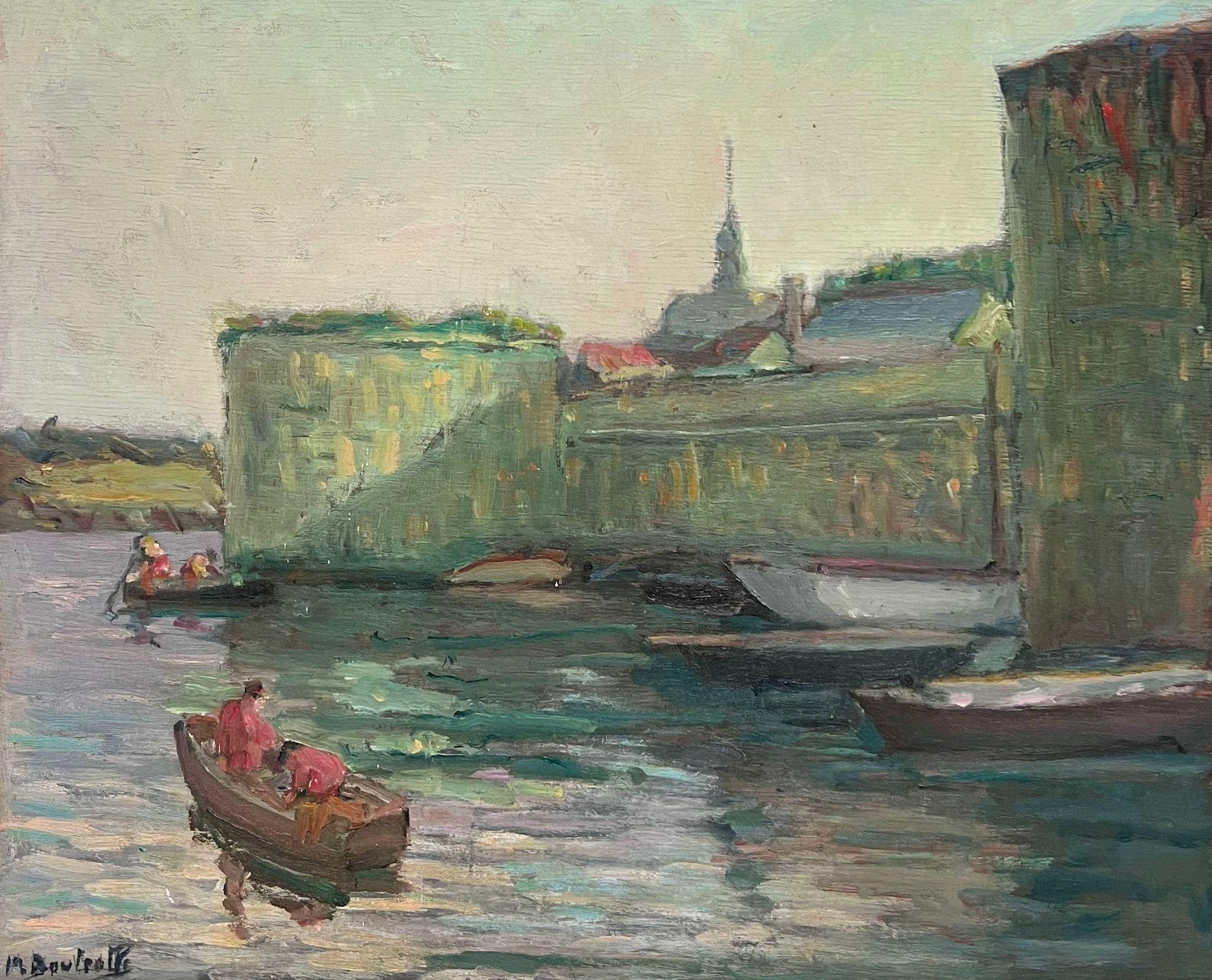 Pittura a olio francese post impressionista degli anni '30 Pescatori in barca Townes d'atmosfera - Painting di French 1930's
