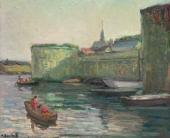 Post Impressionist 1930's French Oil Painting Fishermen in Boat Atmospheric Town