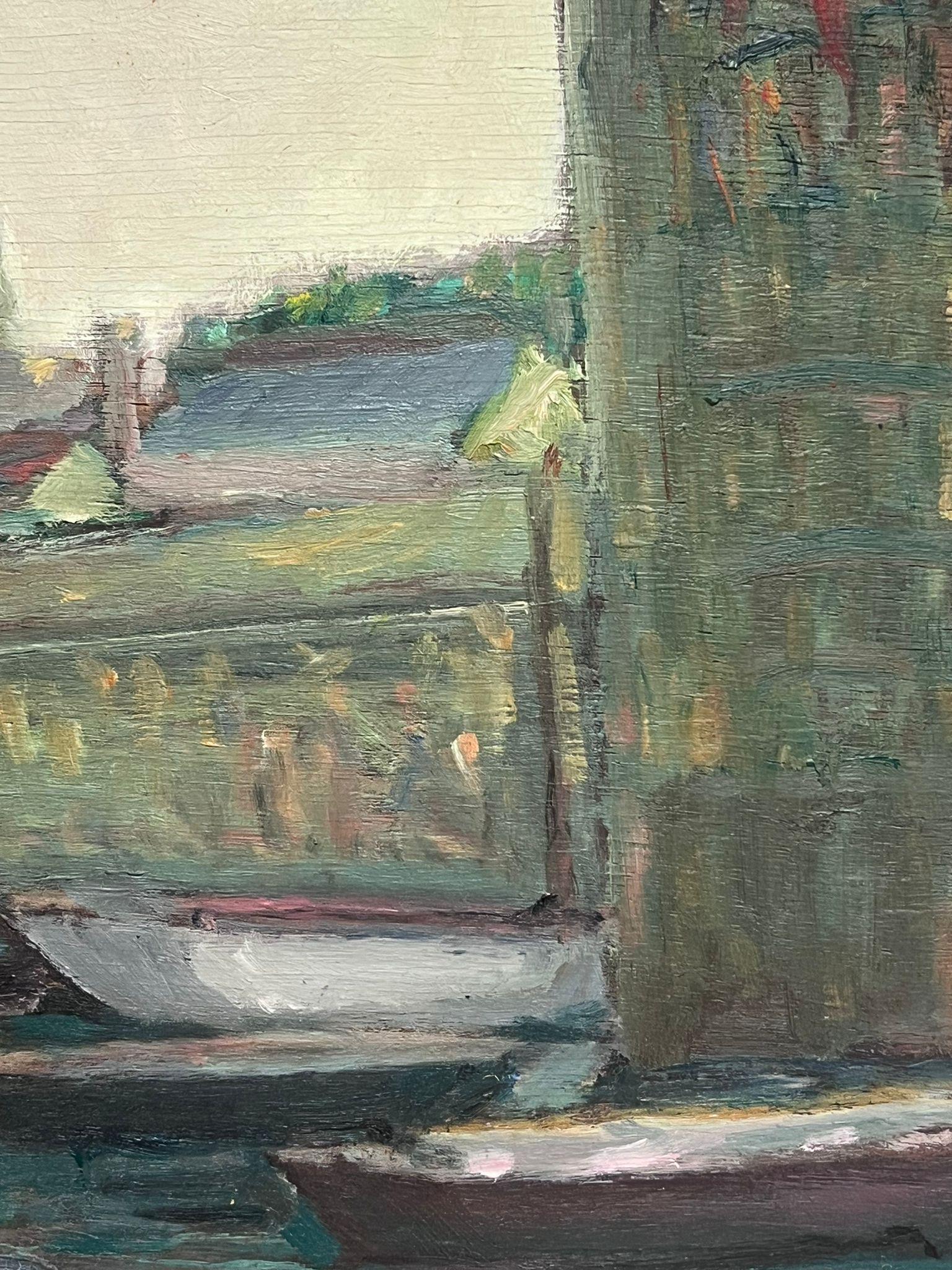 Pittura a olio francese post impressionista degli anni '30 Pescatori in barca Townes d'atmosfera - Painting Postimpressionismo di French 1930's