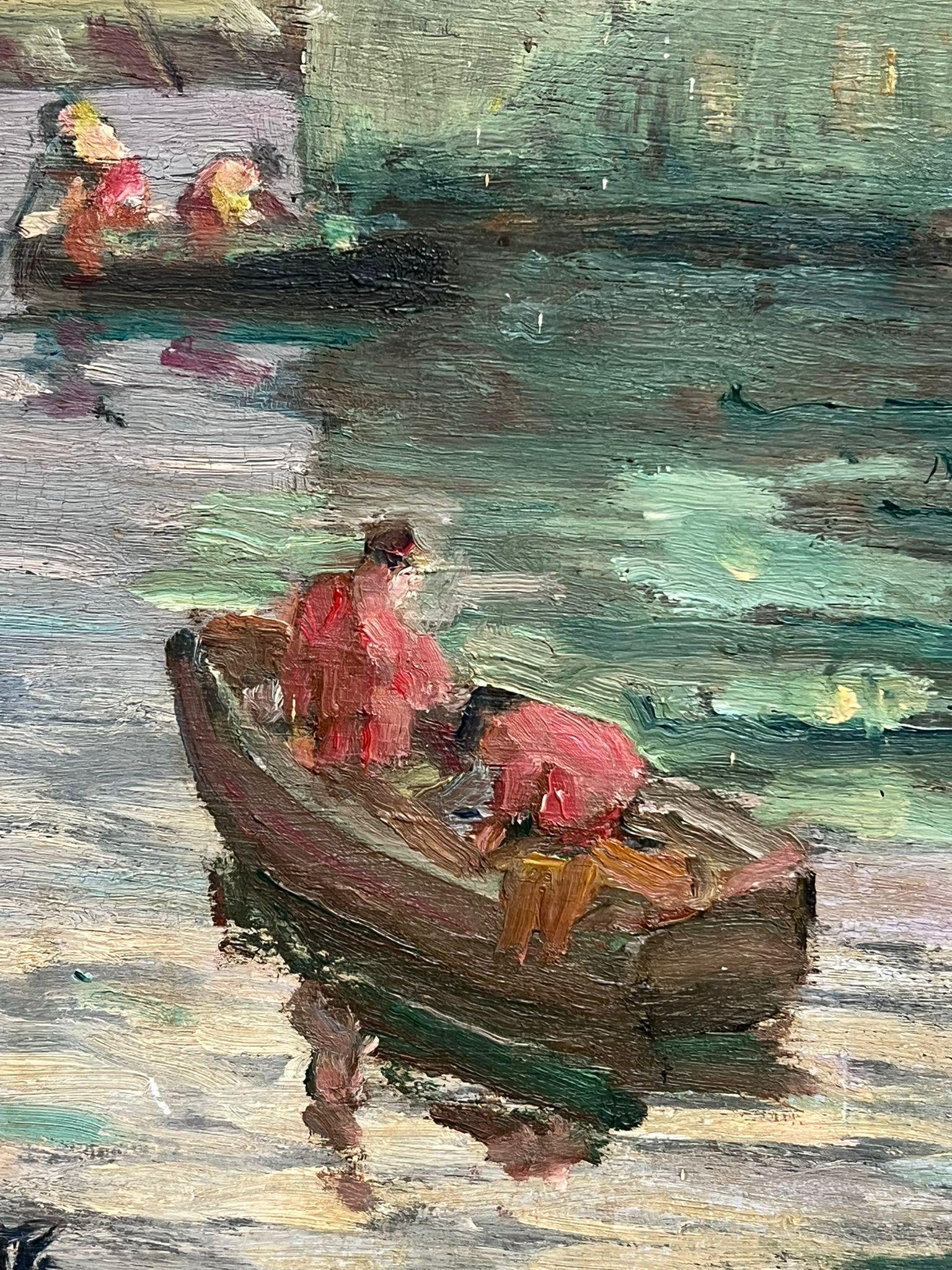 Pittura a olio francese post impressionista degli anni '30 Pescatori in barca Townes d'atmosfera - Figurative Painting Grigio di French 1930's