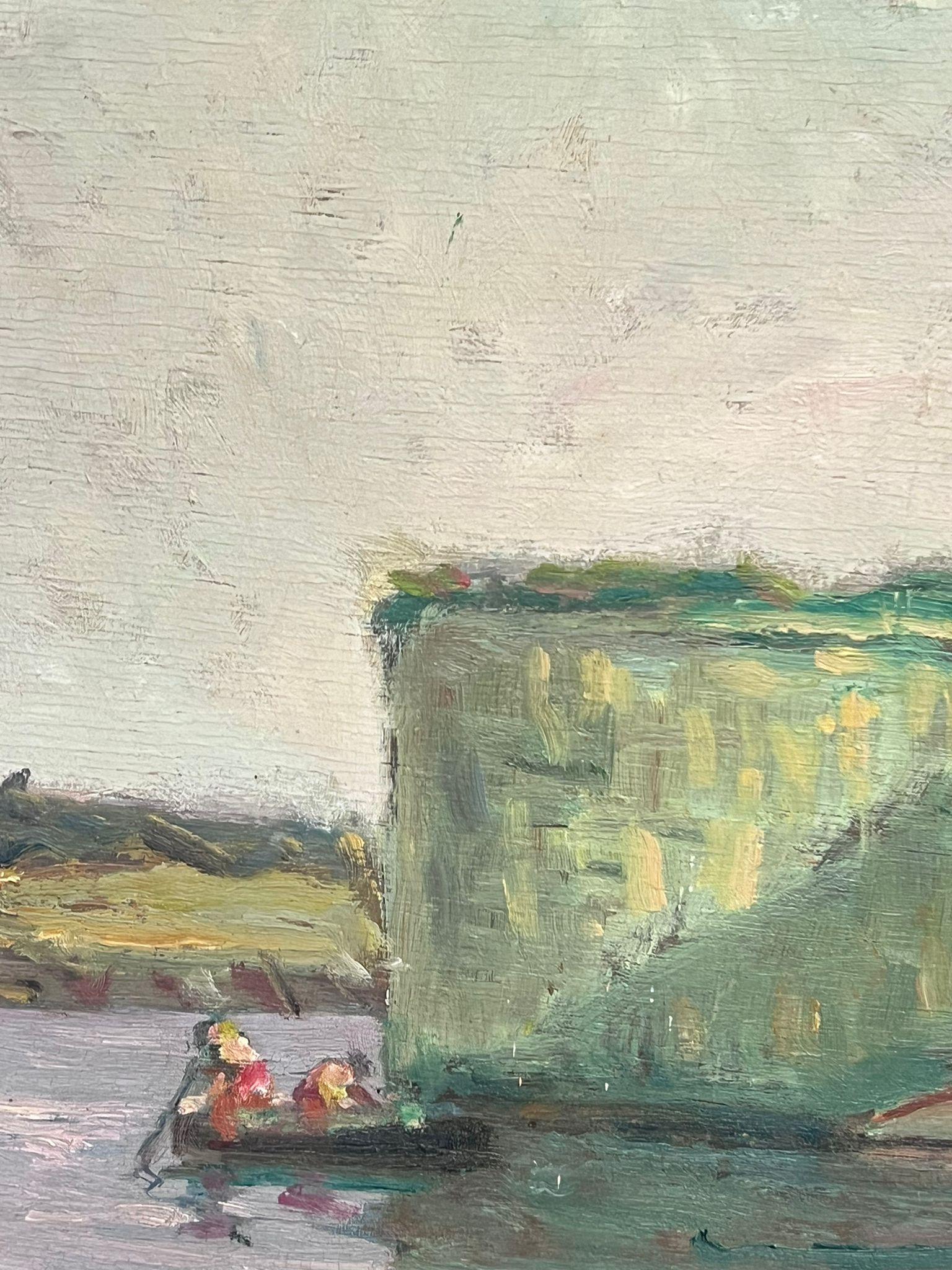 Figure sul fiume
Artista francese post impressionista, circa 1930
firmato in modo indistinto 
olio su tavola, incorniciato
incorniciato: 18 x 20,5 pollici
tavola: 15 x 18 pollici
provenienza: collezione privata, Francia
condizioni: ottime e solide