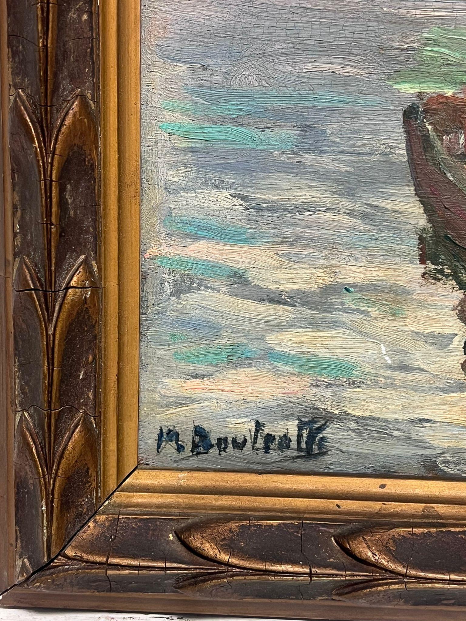 Pittura a olio francese post impressionista degli anni '30 Pescatori in barca Townes d'atmosfera 2